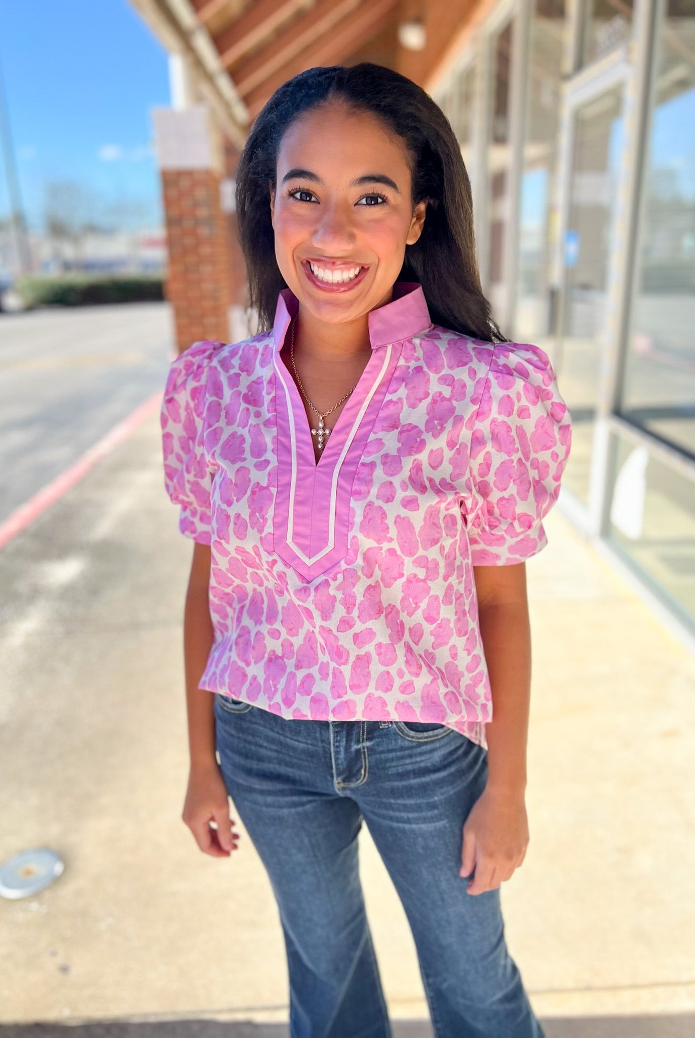 Pink Animal Print V - Neck Short Puff Sleeve Top (R) - A'Bekah's Boutique