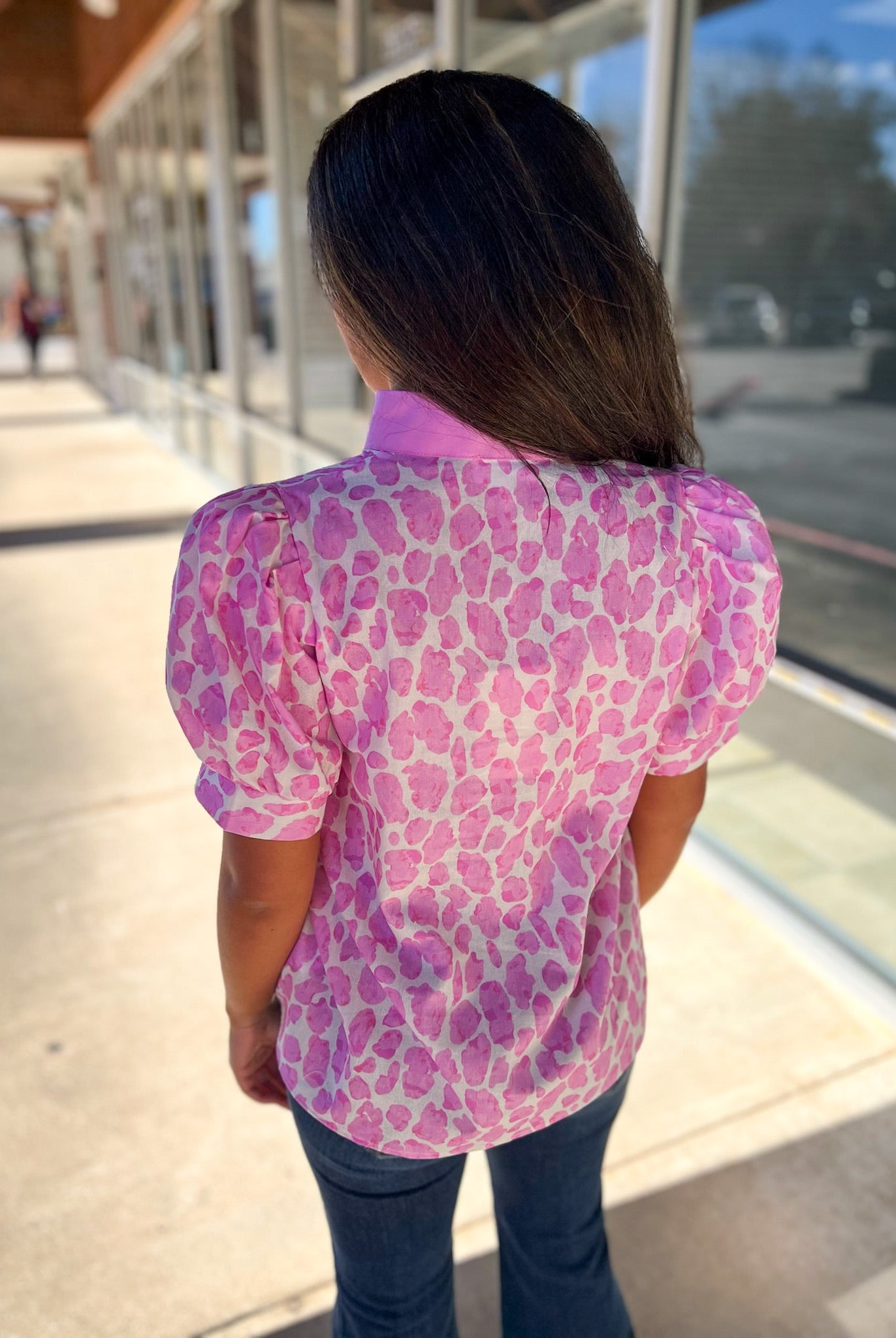 Pink Animal Print V - Neck Short Puff Sleeve Top (R) - A'Bekah's Boutique