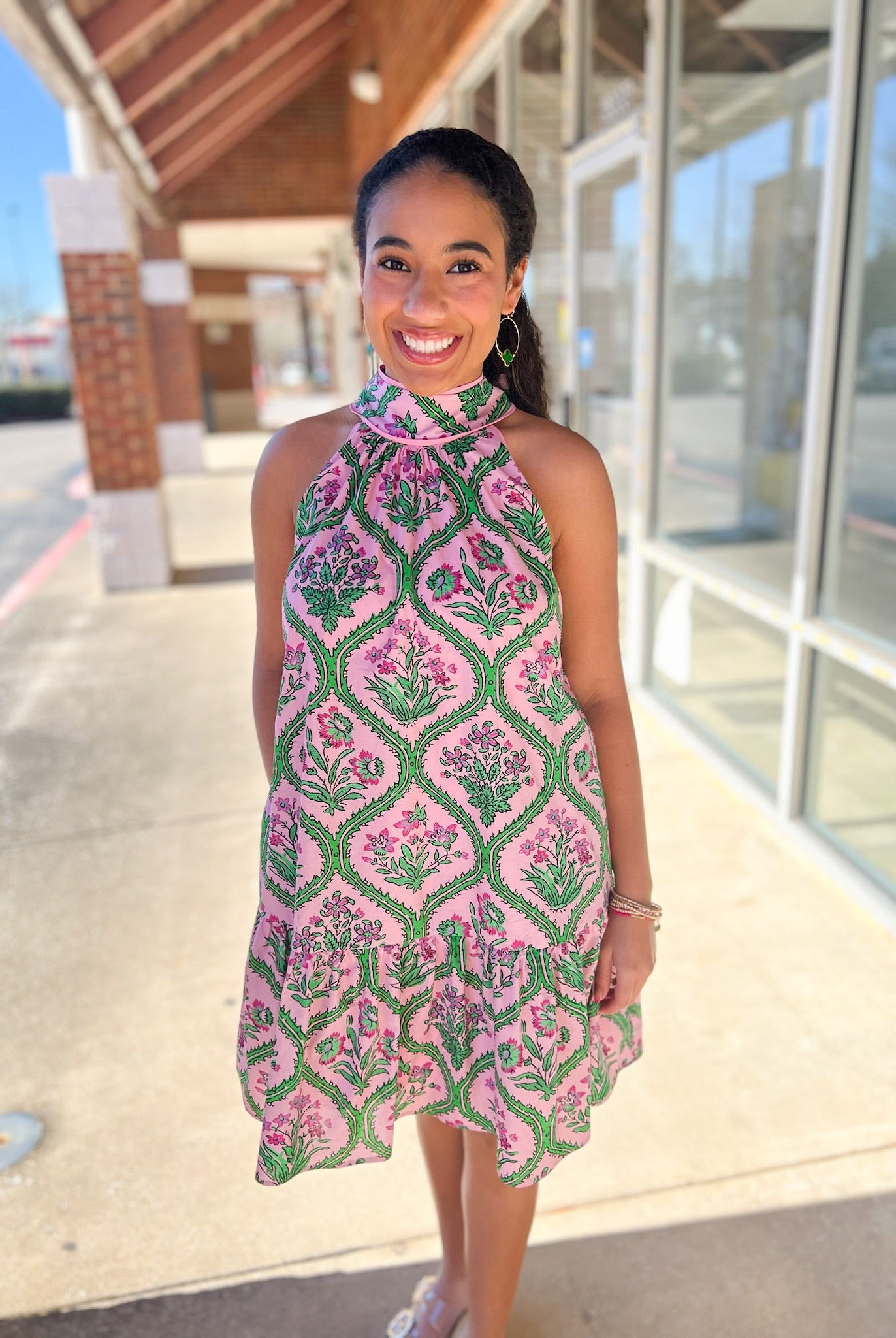 Pink Botanical Floral Print Halter Dress - A'Bekah's Boutique