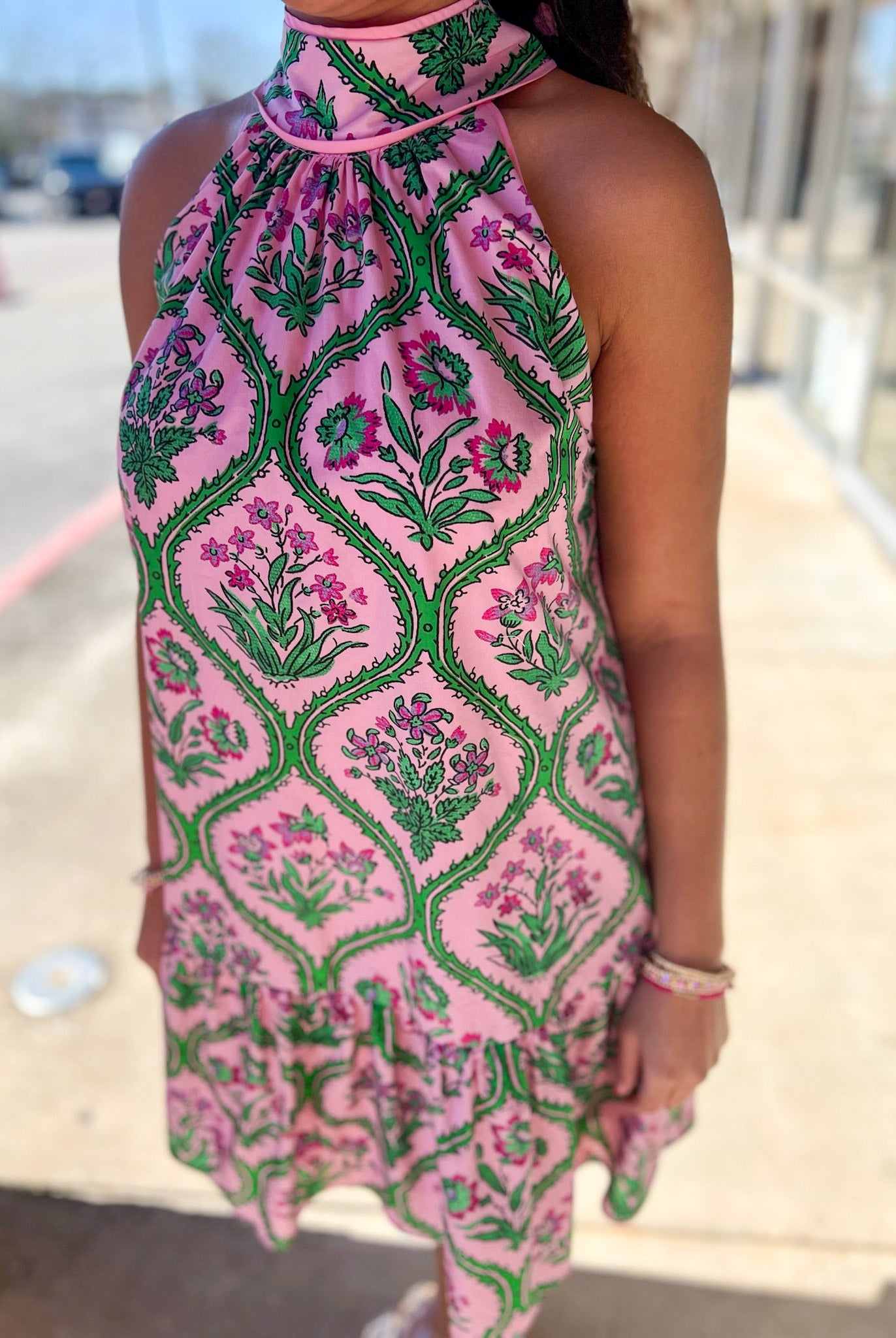 Pink Botanical Floral Print Halter Dress - A'Bekah's Boutique