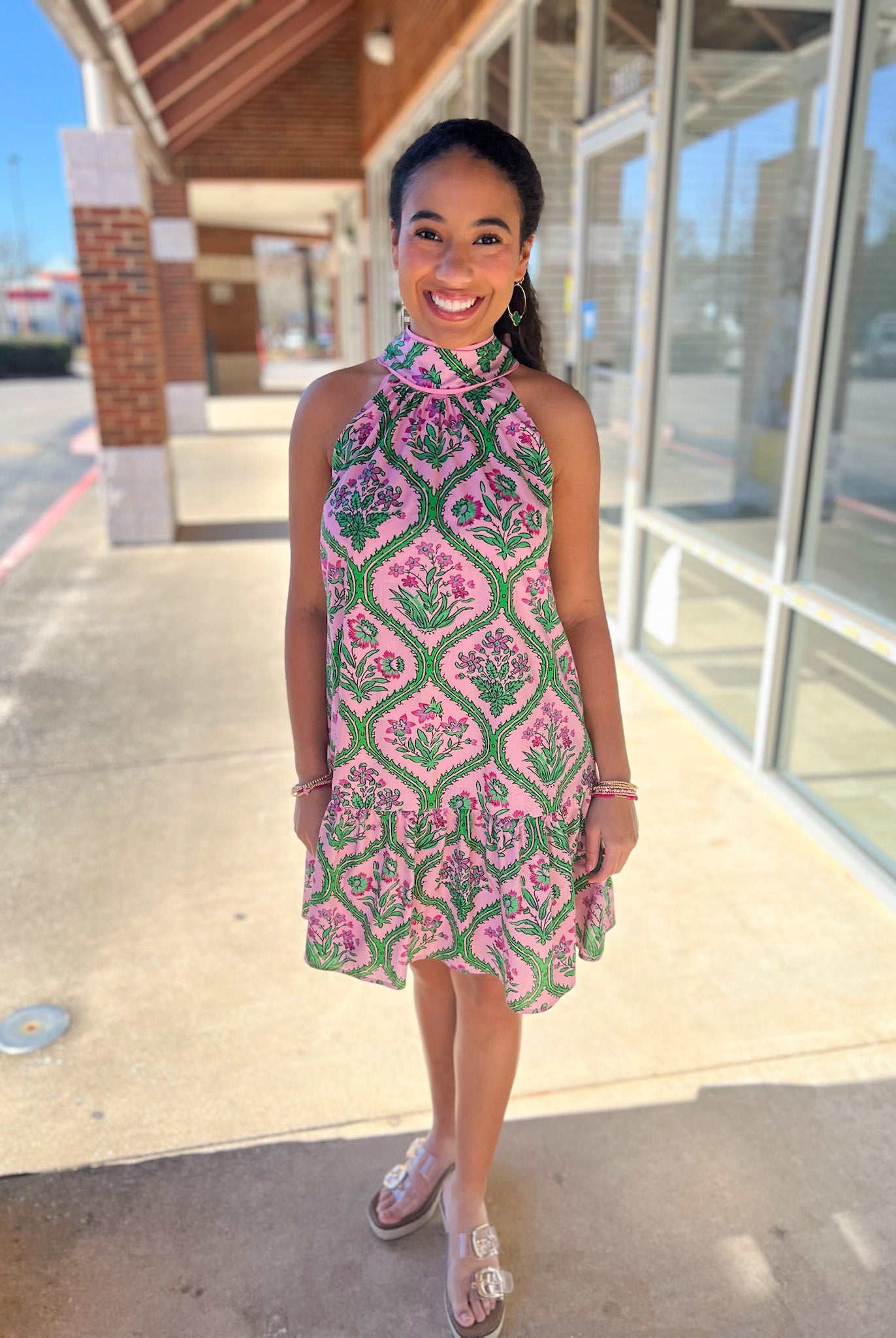 Pink Botanical Floral Print Halter Dress - A'Bekah's Boutique