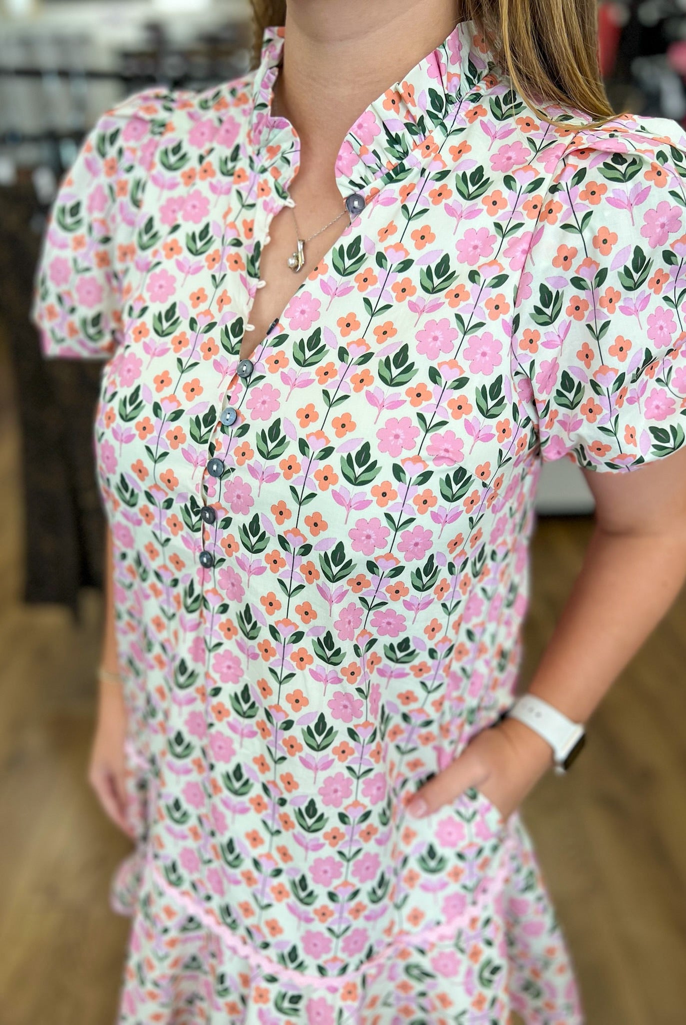 Pink Botanical Print Dress with Short Puff Sleeves - A'Bekah's Boutique