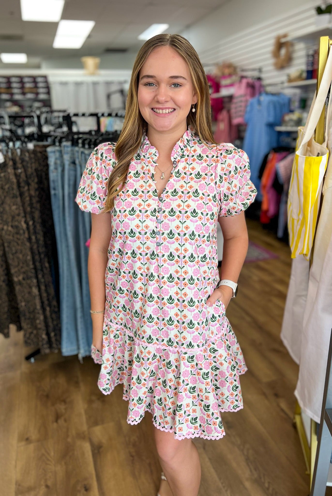 Pink Botanical Print Dress with Short Puff Sleeves - A'Bekah's Boutique