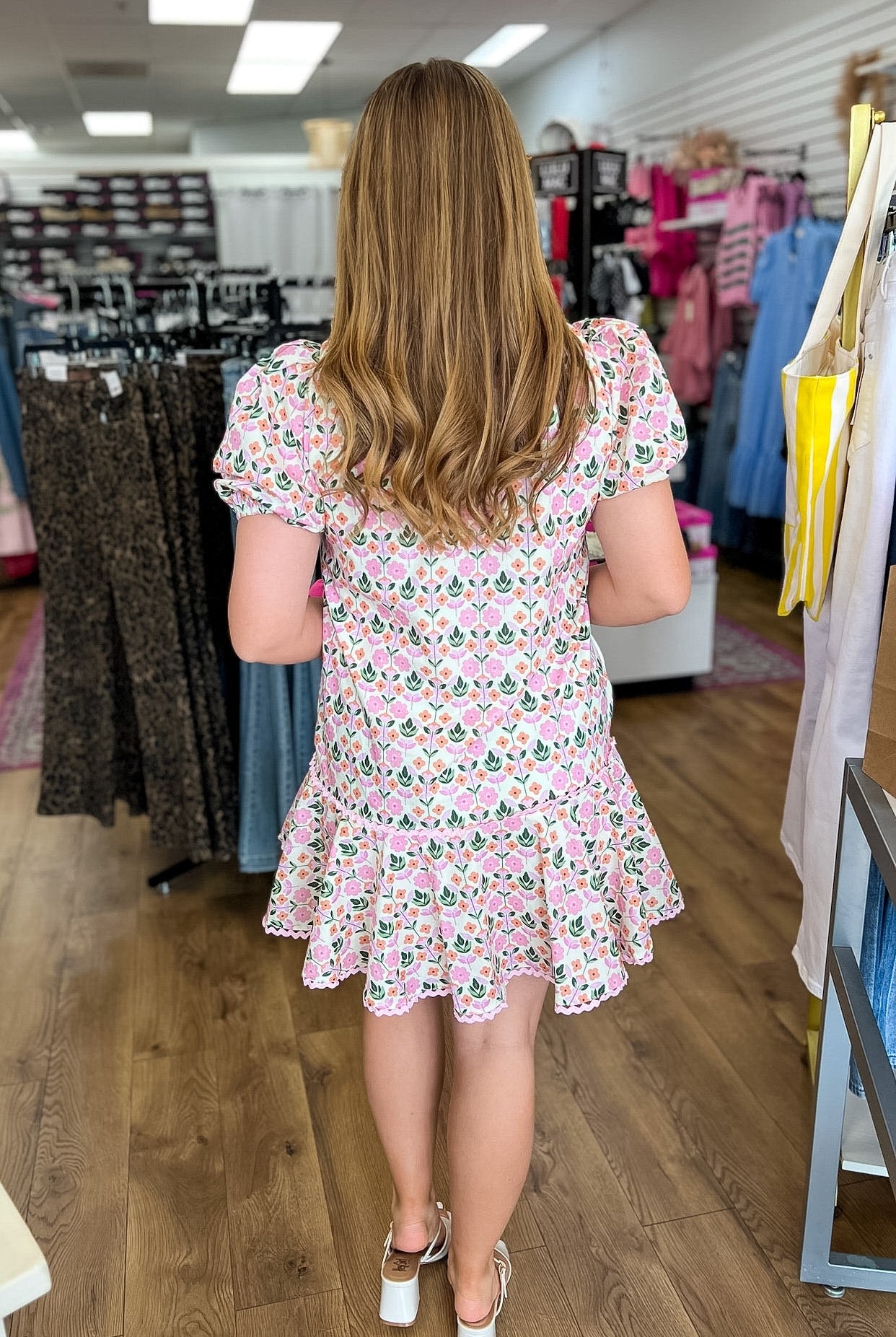 Pink Botanical Print Dress with Short Puff Sleeves - A'Bekah's Boutique
