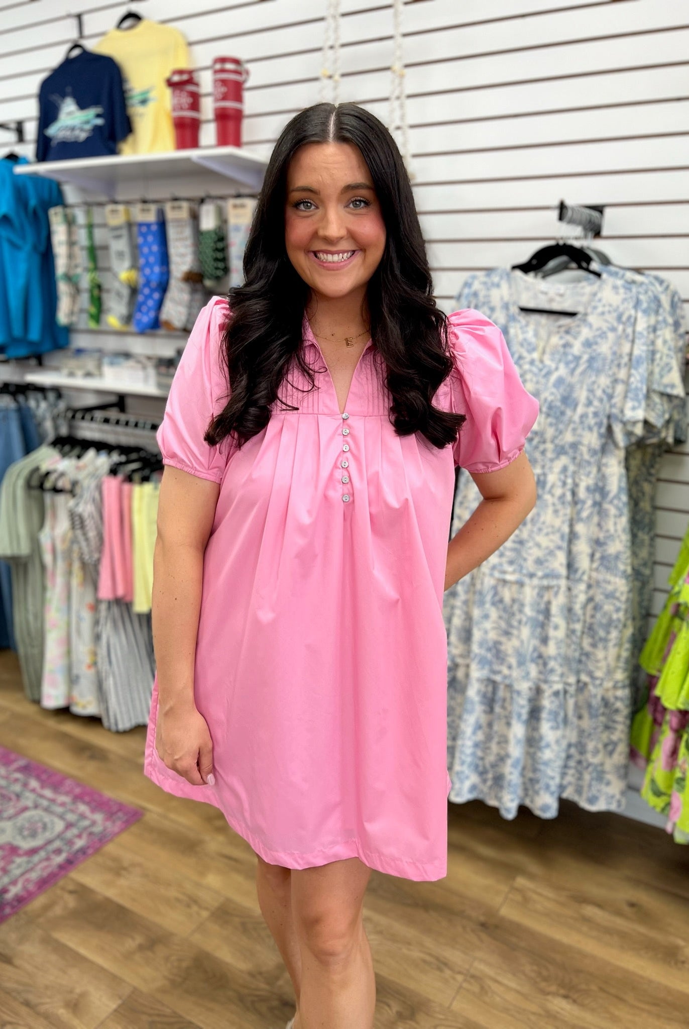 Pink Dress with Pintuck Detailing and Short Puff Sleeves - A'Bekah's Boutique