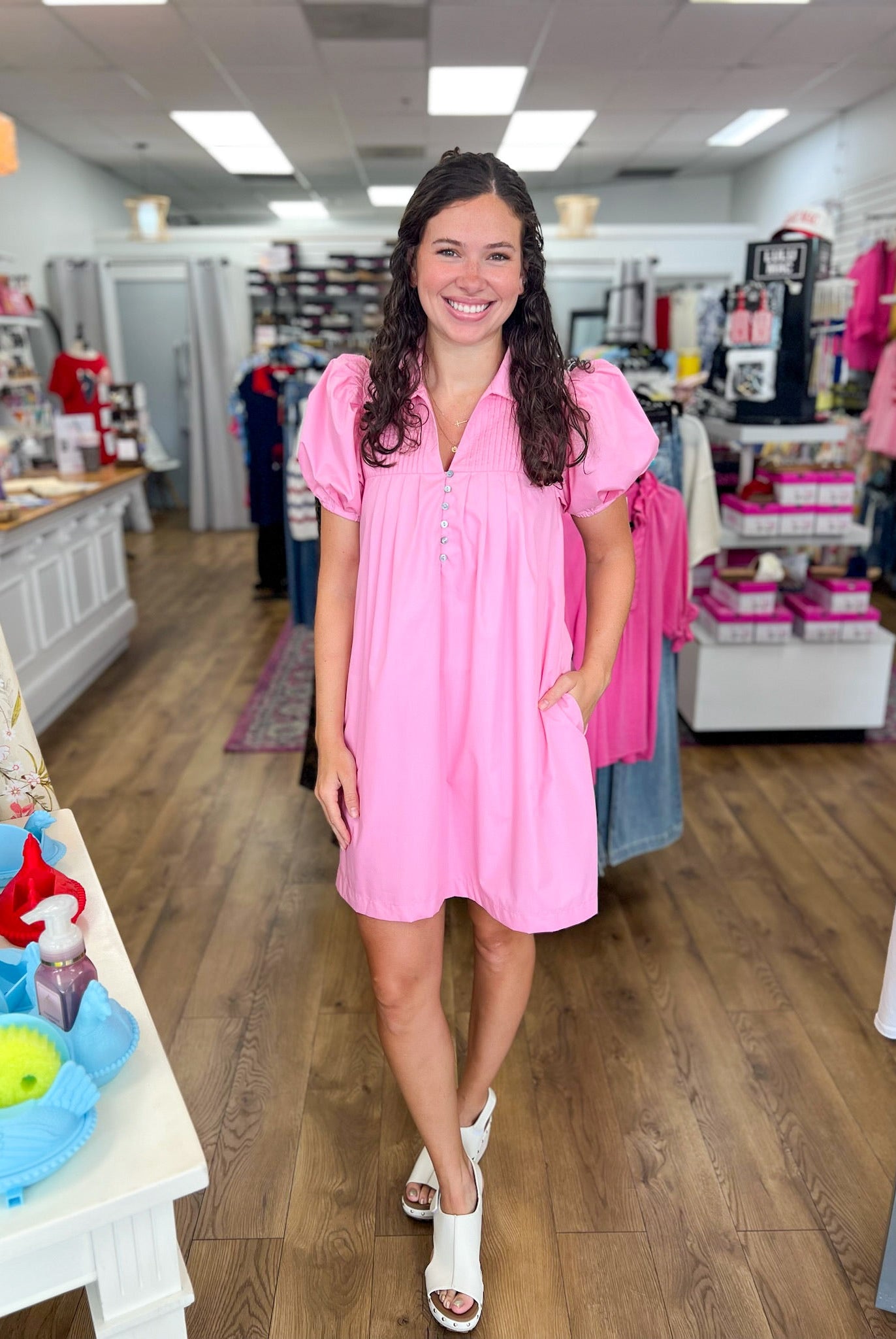 Pink Dress with Pintuck Detailing and Short Puff Sleeves - A'Bekah's Boutique