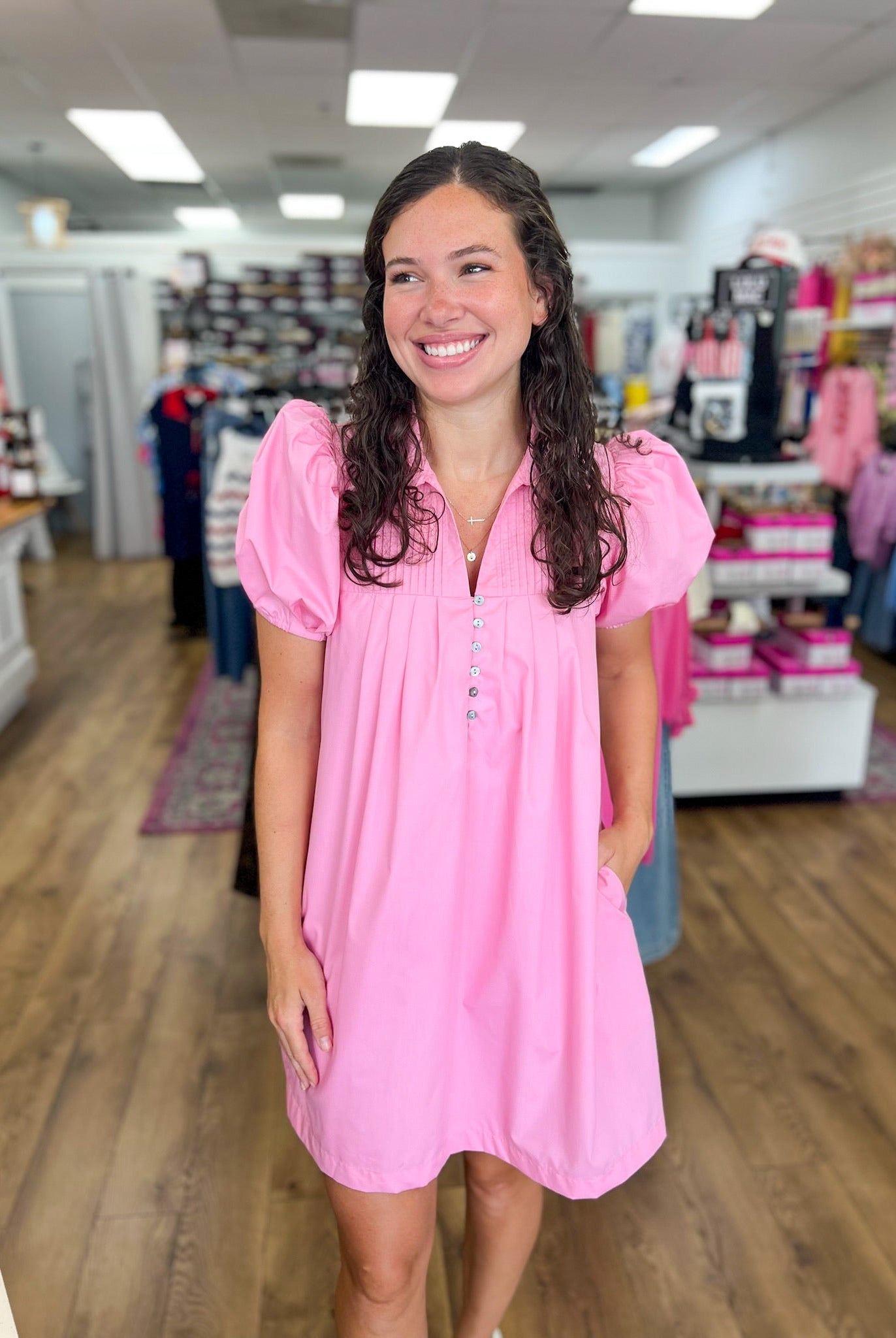 Pink Dress with Pintuck Detailing and Short Puff Sleeves - A'Bekah's Boutique