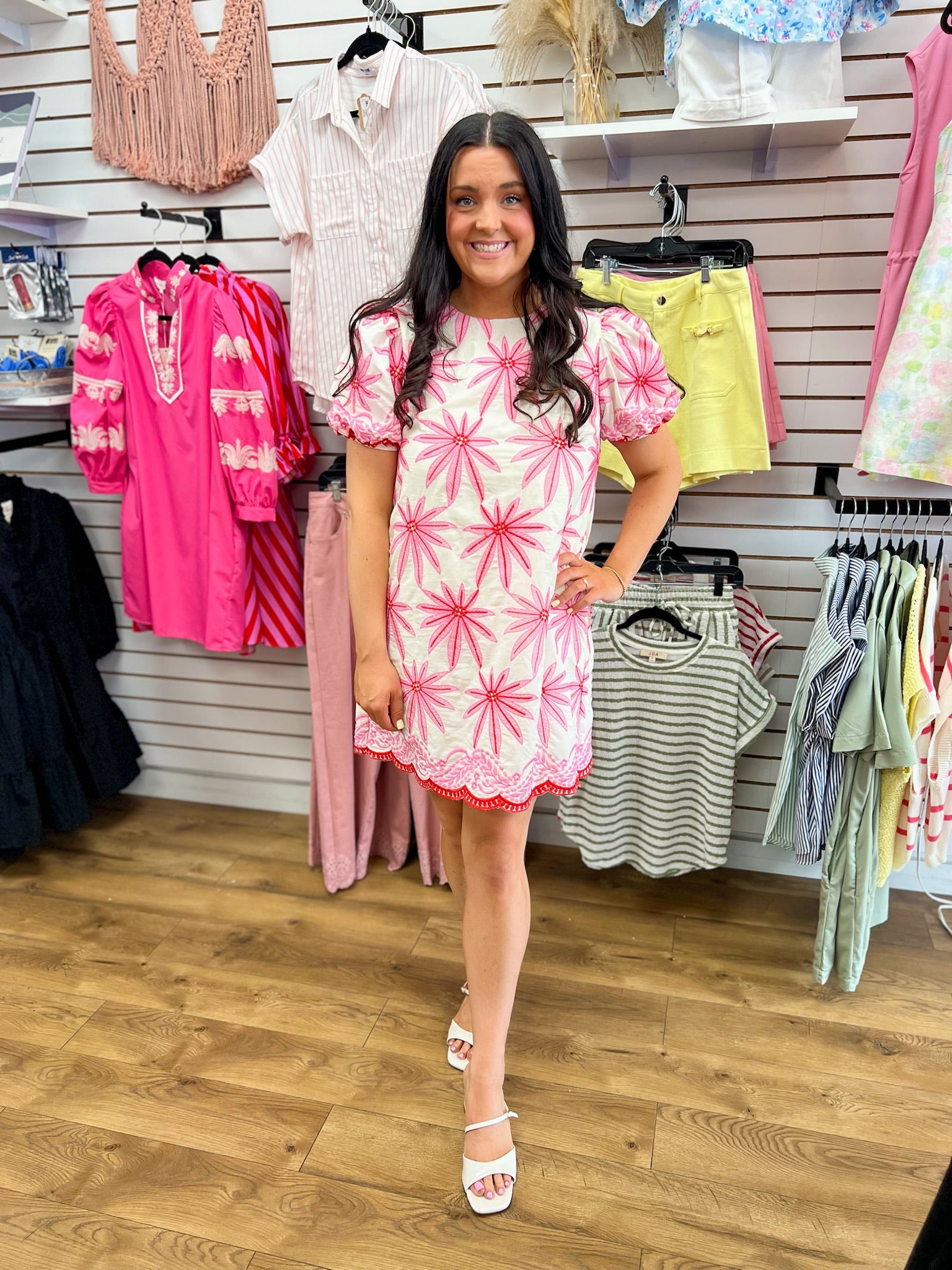 Pink Floral Embroidered Dress with Short Puff Sleeves - A'Bekah's Boutique