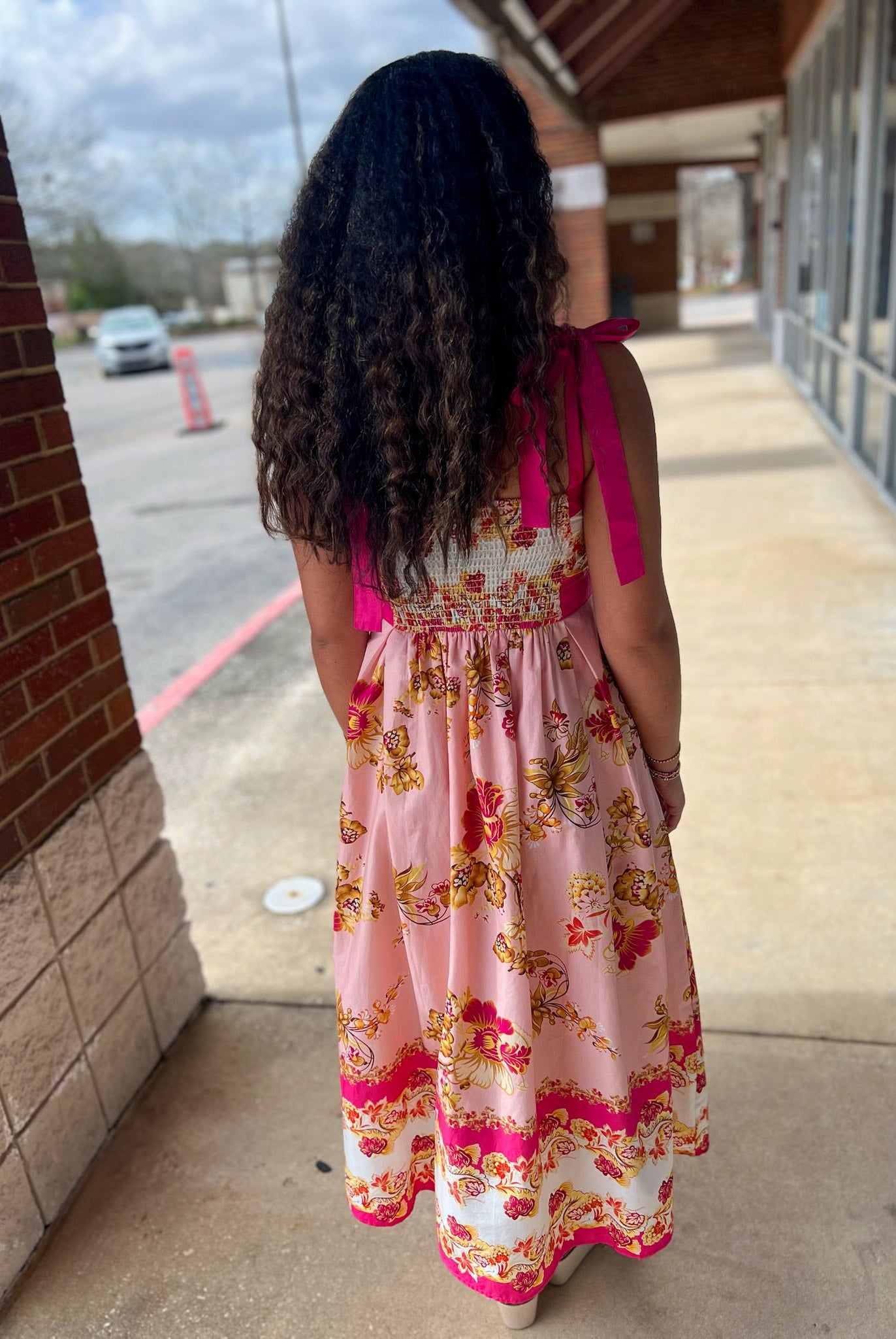 Pink Floral Midi Dress with Contrast Trim and Tie Shoulders - A'Bekah's Boutique