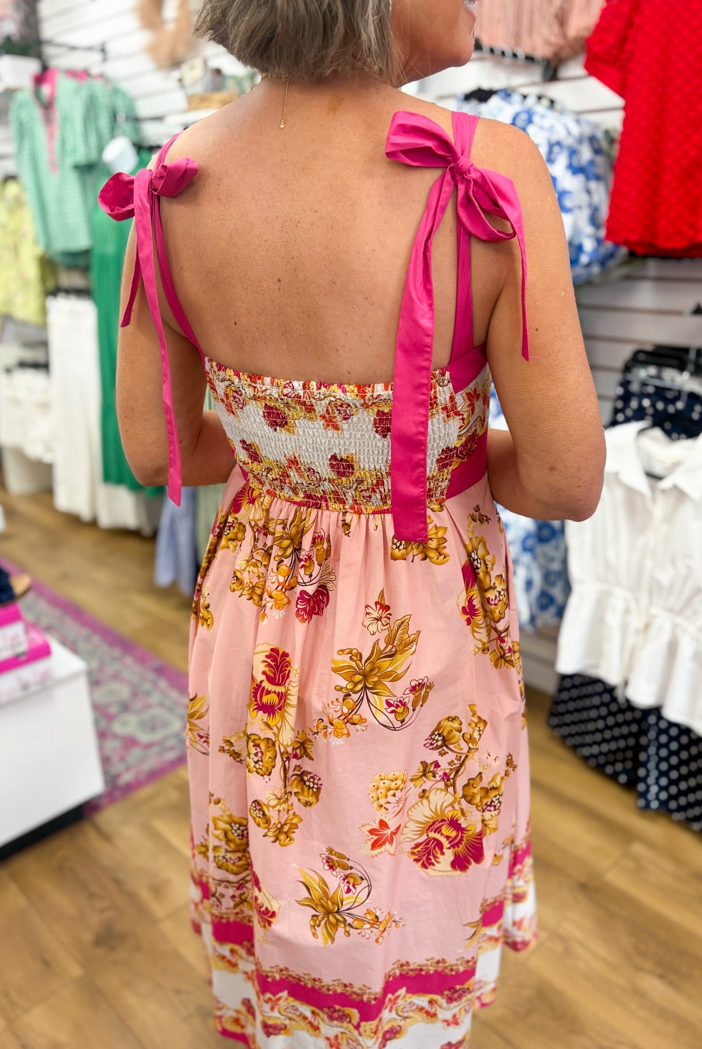 Pink Floral Midi Dress with Contrast Trim and Tie Shoulders - A'Bekah's Boutique