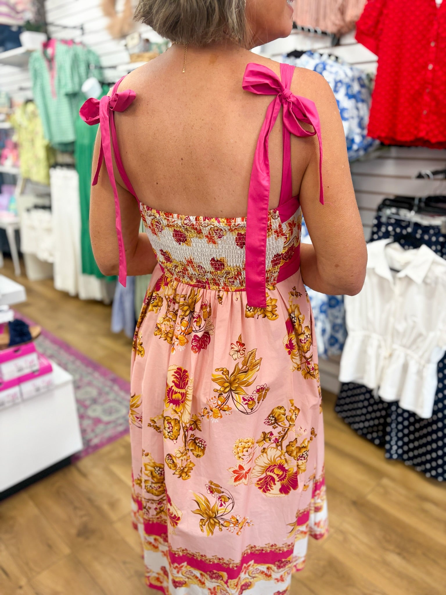 Pink Floral Midi Dress with Contrast Trim and Tie Shoulders - A'Bekah's Boutique
