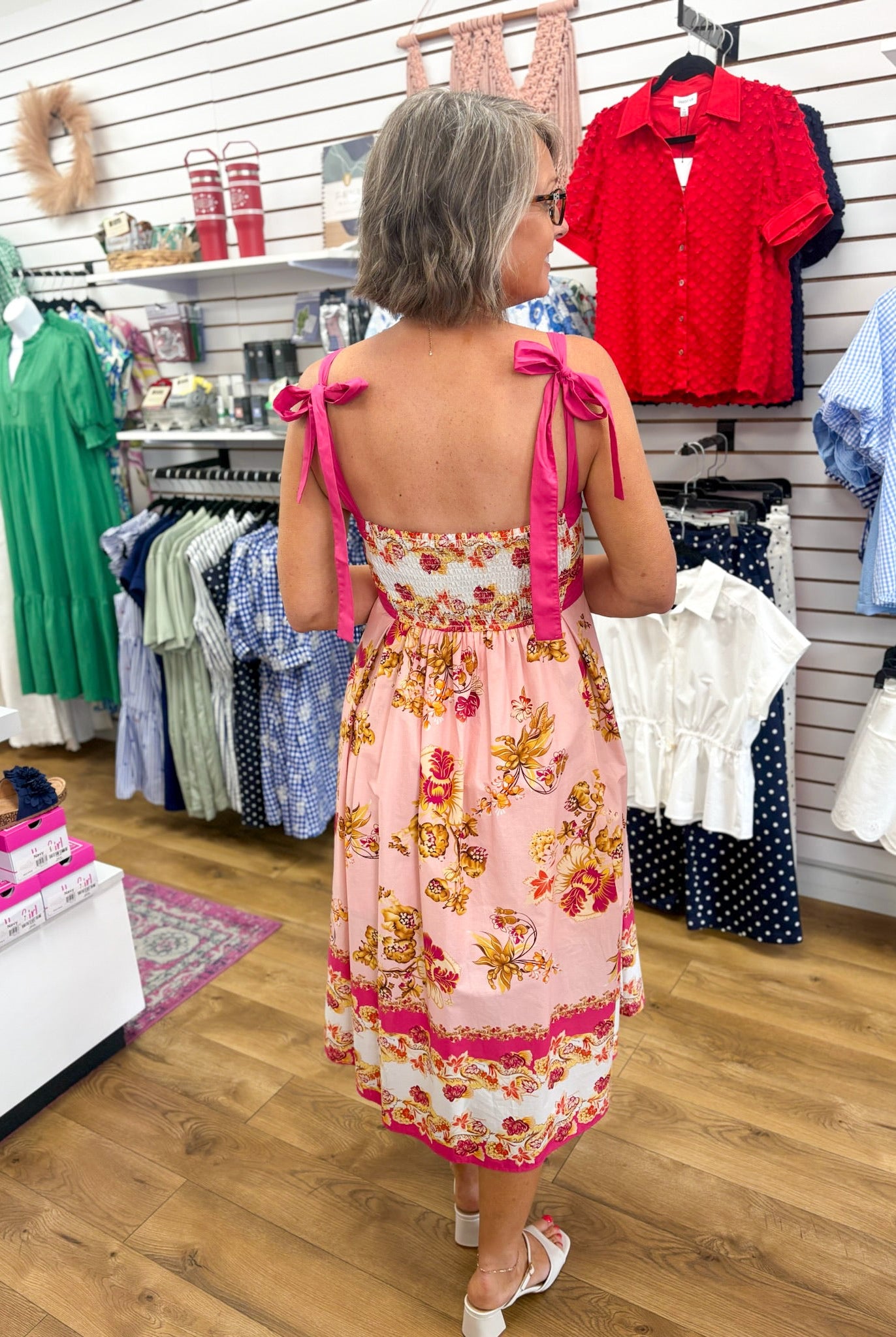 Pink Floral Midi Dress with Contrast Trim and Tie Shoulders - A'Bekah's Boutique