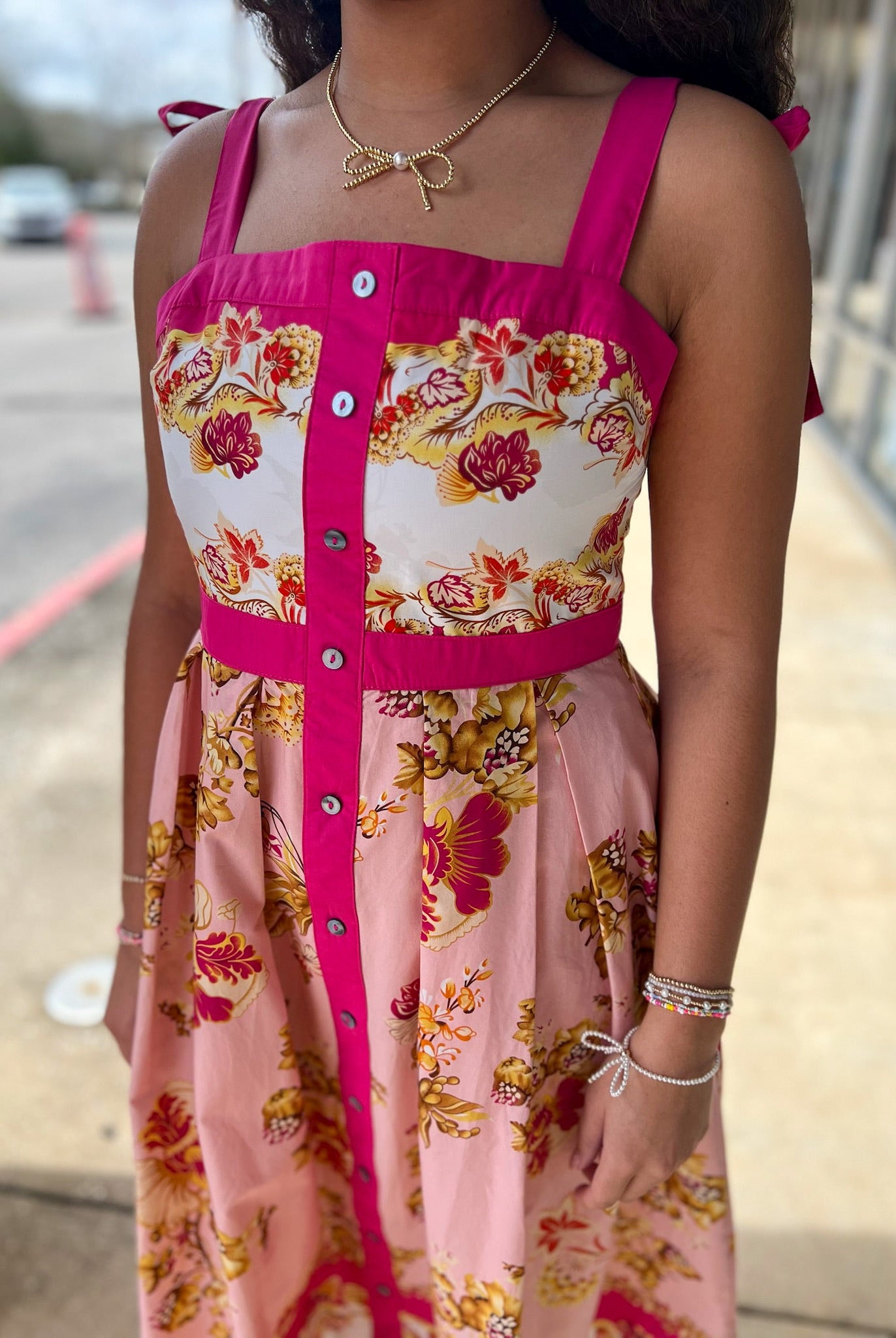 Pink Floral Midi Dress with Contrast Trim and Tie Shoulders - A'Bekah's Boutique