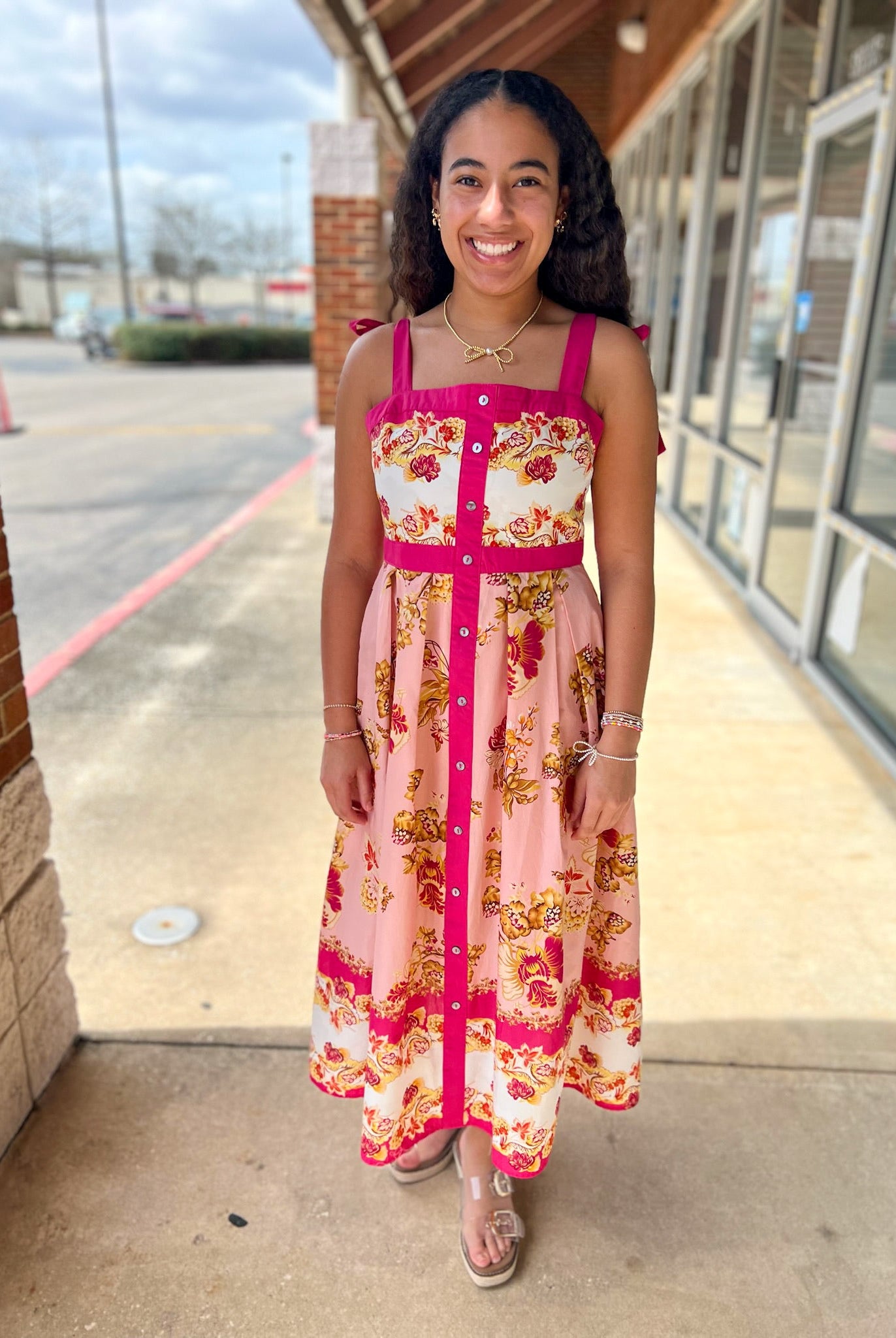Pink Floral Midi Dress with Contrast Trim and Tie Shoulders - A'Bekah's Boutique