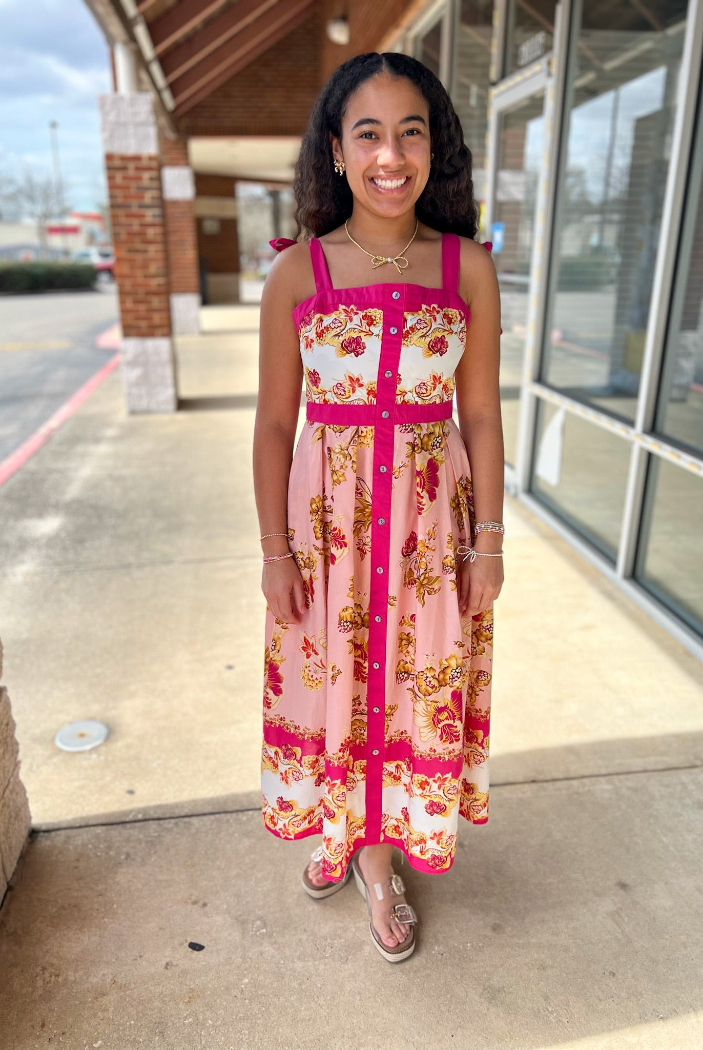Pink Floral Midi Dress with Contrast Trim and Tie Shoulders - A'Bekah's Boutique
