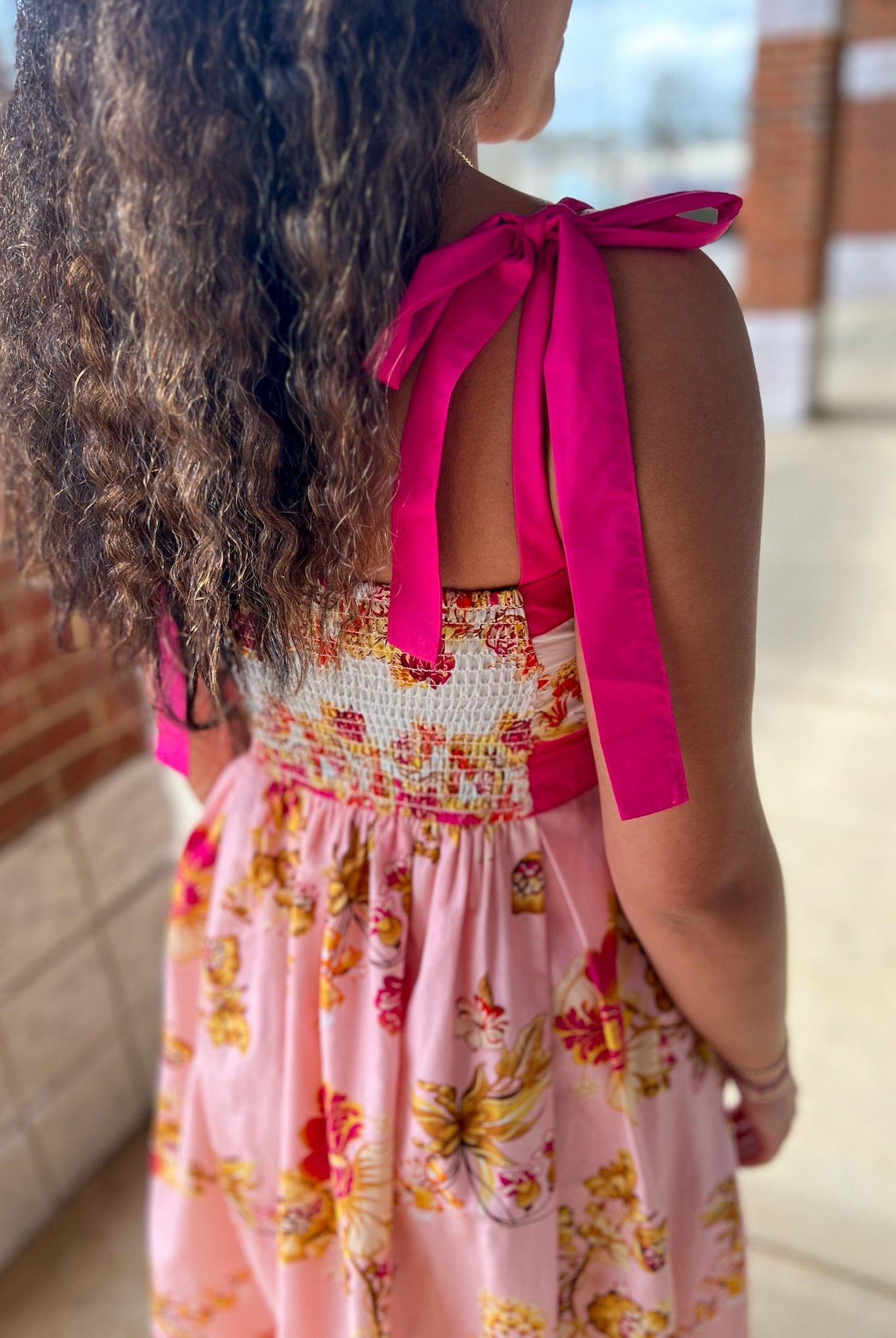 Pink Floral Midi Dress with Contrast Trim and Tie Shoulders - A'Bekah's Boutique