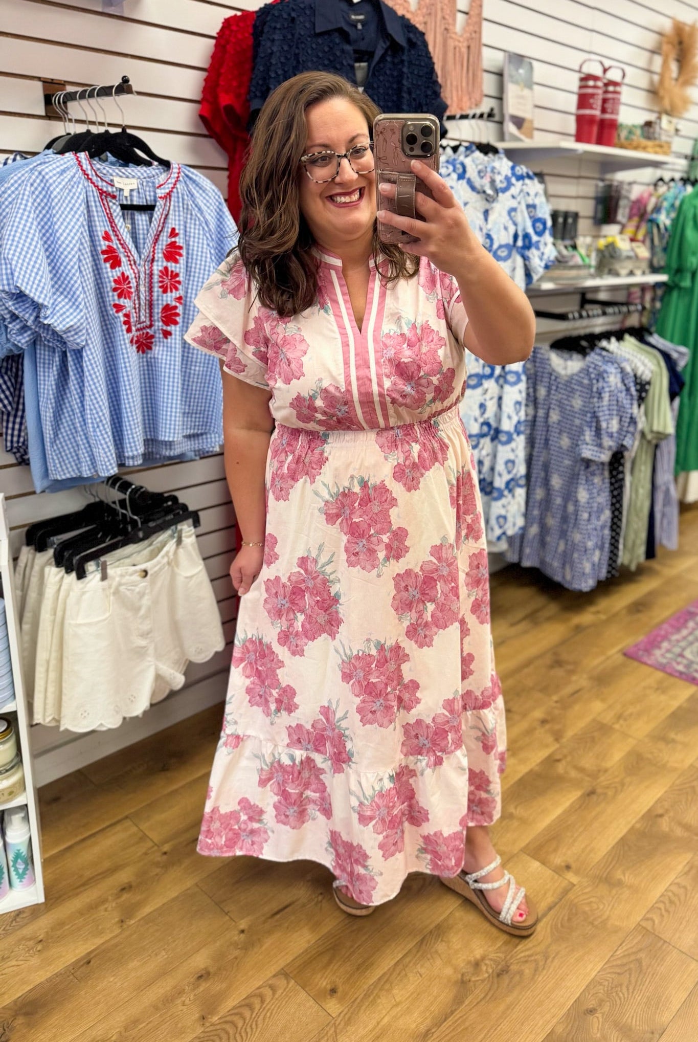 Pink Floral Midi Dress with Flutter Sleeves - A'Bekah's Boutique
