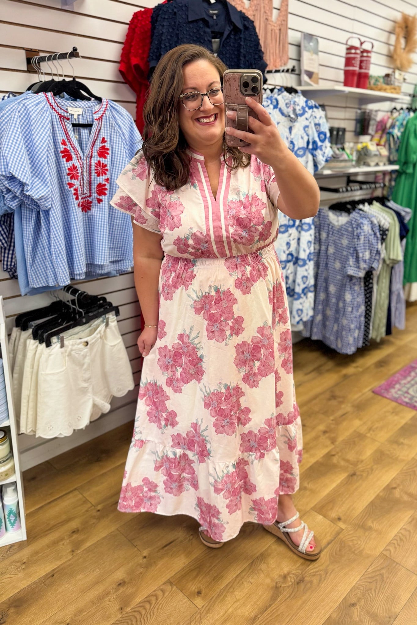 Pink Floral Midi Dress with Flutter Sleeves - A'Bekah's Boutique