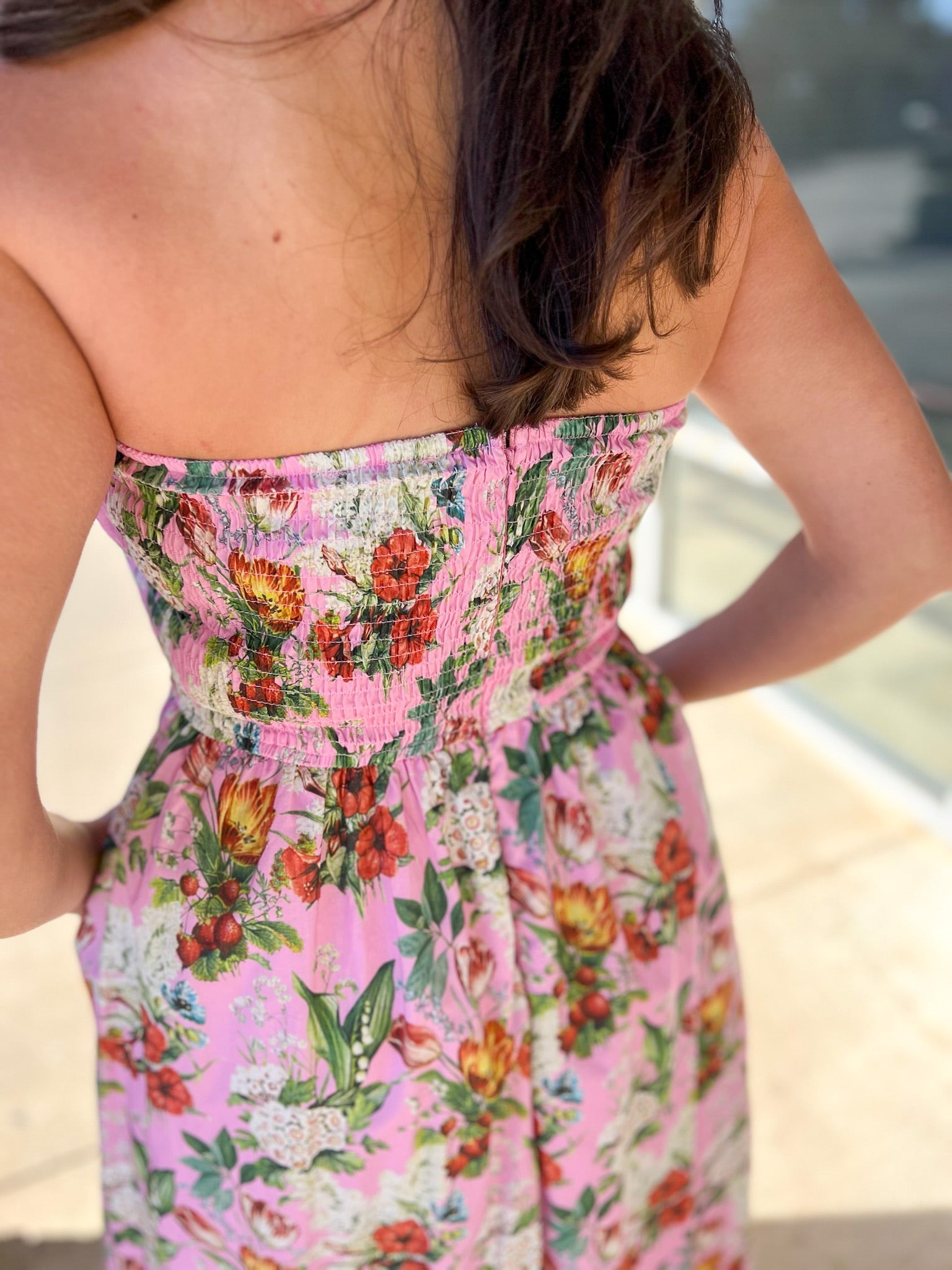 Pink Floral Strapless Midi Dress with Pockets - A'Bekah's Boutique