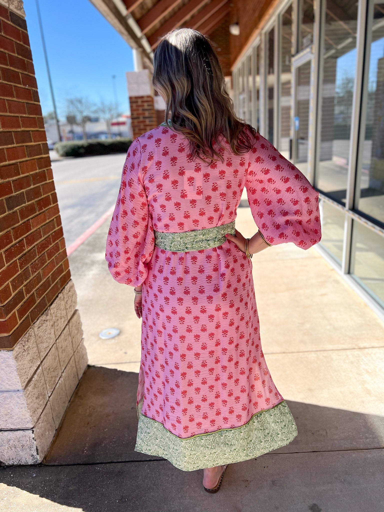 Pink Floral V - Neck 3/4 Sleeve Midi Dress with Self Tie Waist - A'Bekah's Boutique