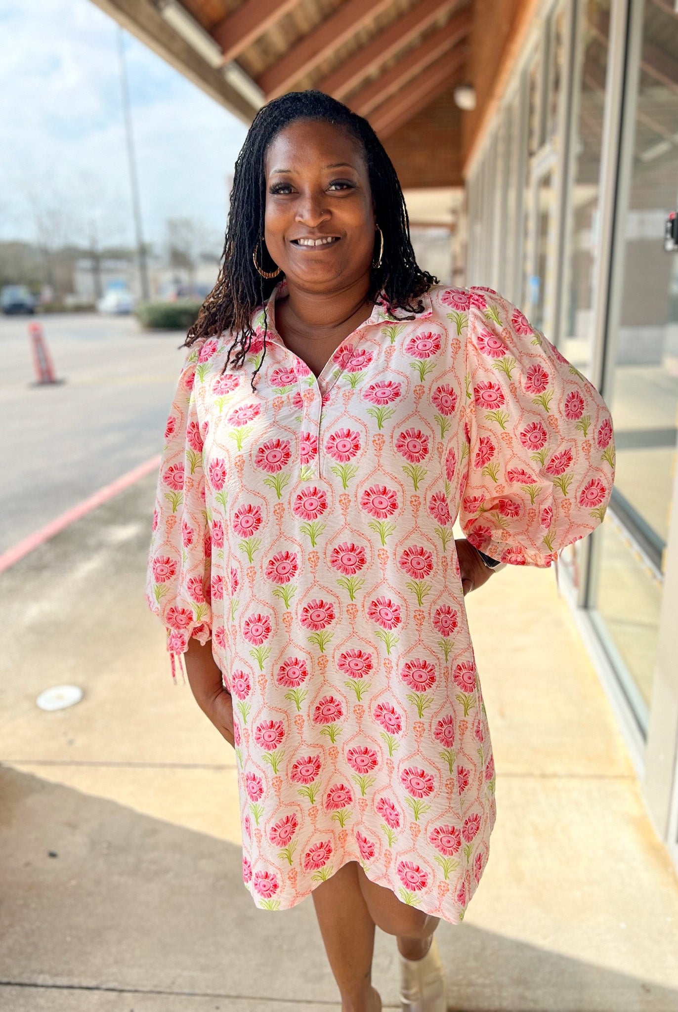 Pink Floral V - Neck Dress with Elbow Length Bubble Sleeves (C) - A'Bekah's Boutique