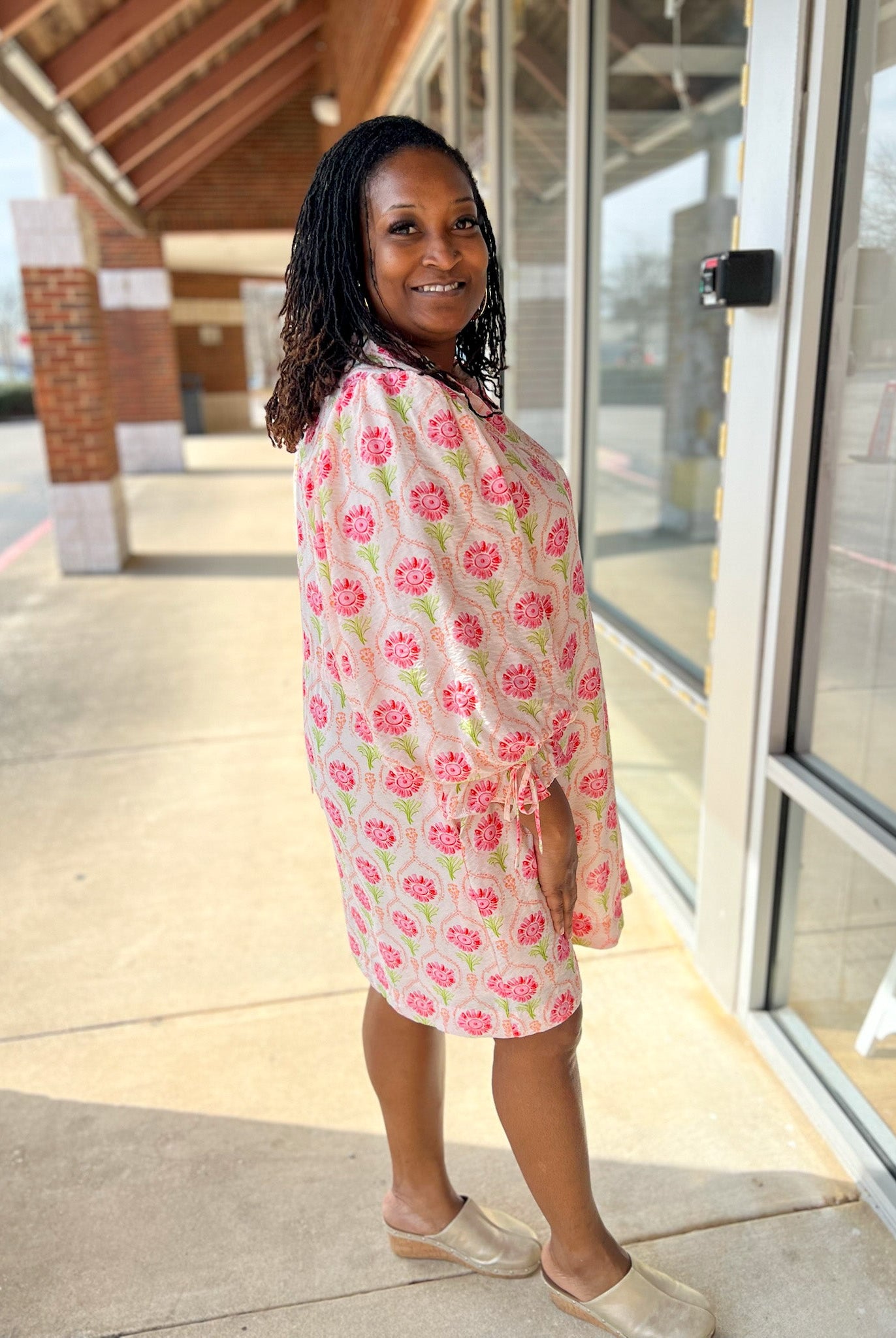 Pink Floral V - Neck Dress with Elbow Length Bubble Sleeves (C) - A'Bekah's Boutique