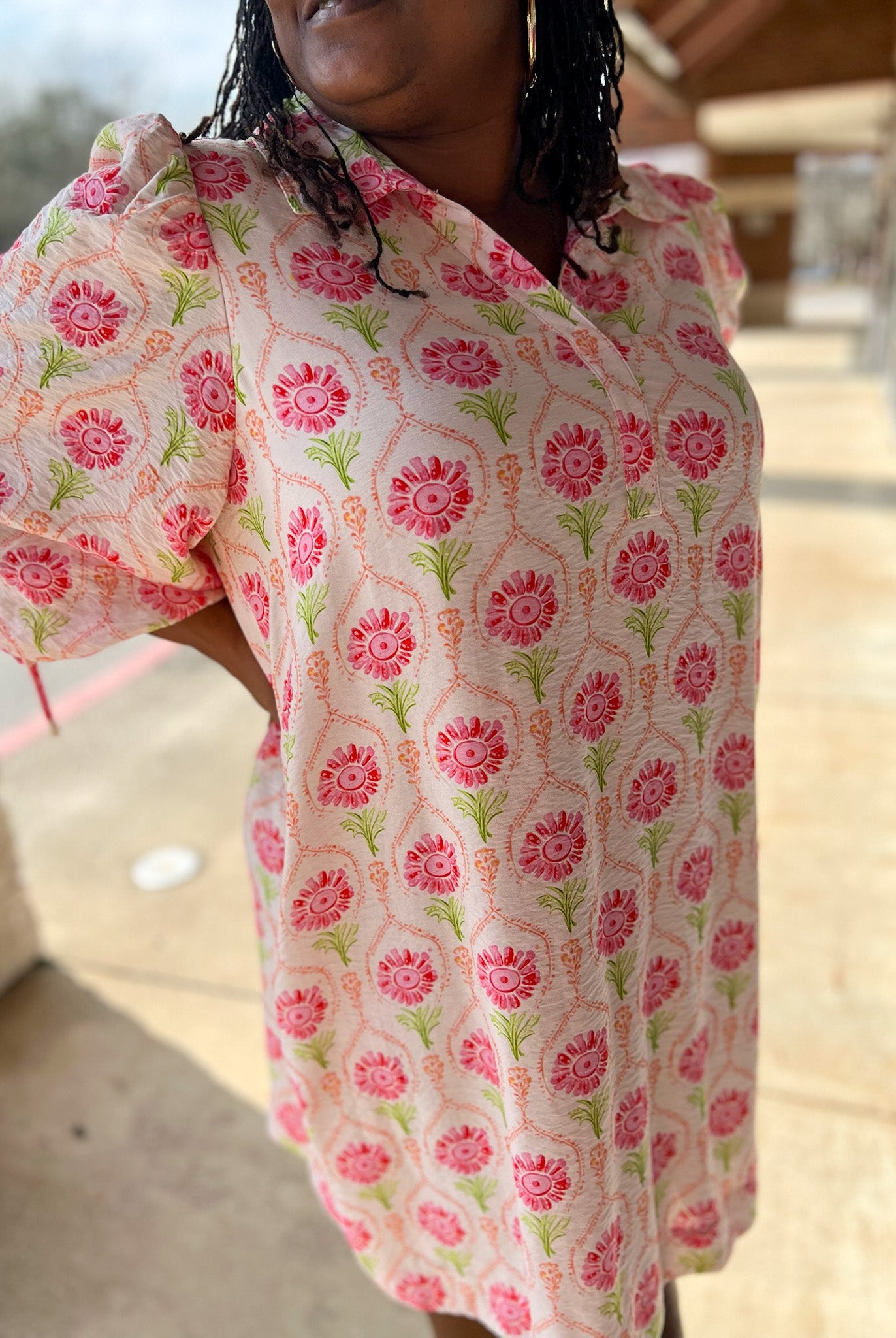 Pink Floral V - Neck Dress with Elbow Length Bubble Sleeves (C) - A'Bekah's Boutique