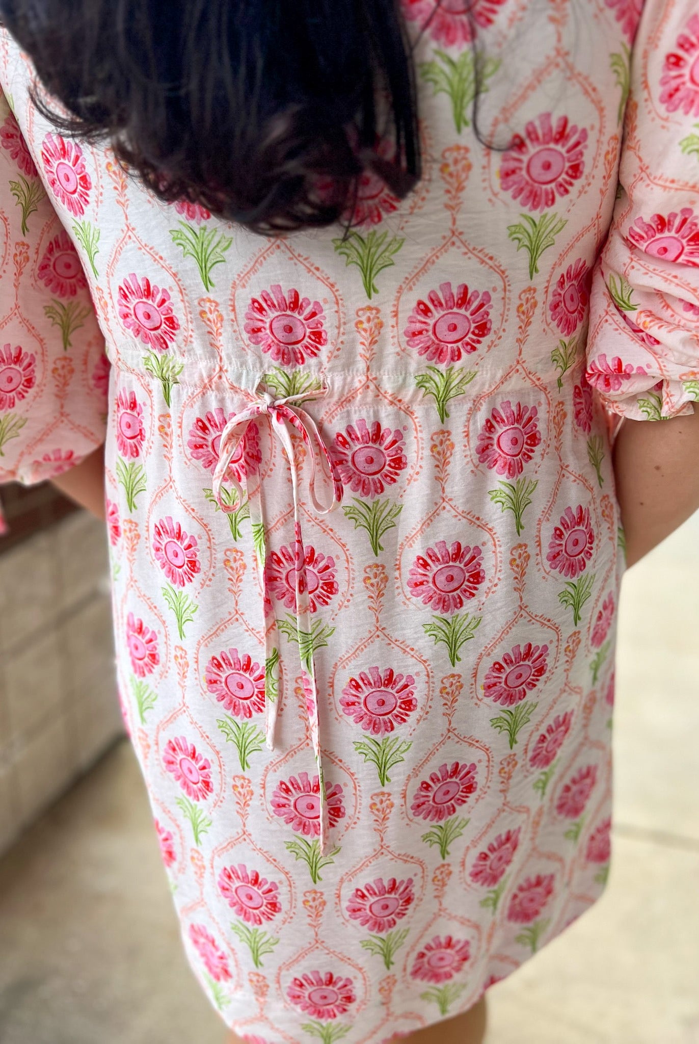 Pink Floral V - Neck Dress with Elbow Length Bubble Sleeves (R) - A'Bekah's Boutique