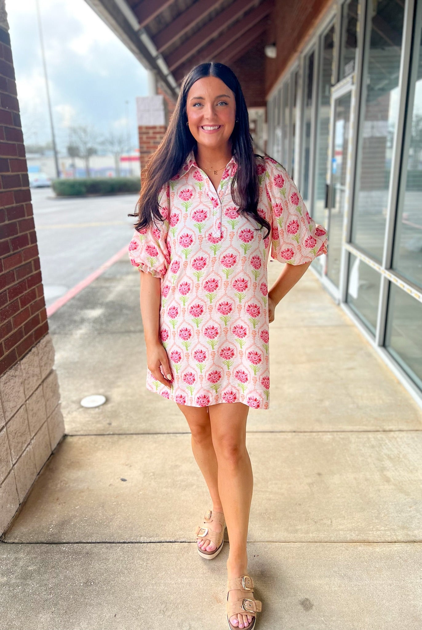 Pink Floral V - Neck Dress with Elbow Length Bubble Sleeves (R) - A'Bekah's Boutique