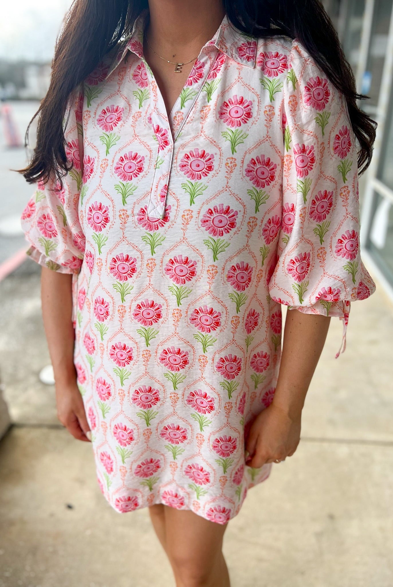 Pink Floral V - Neck Dress with Elbow Length Bubble Sleeves (R) - A'Bekah's Boutique