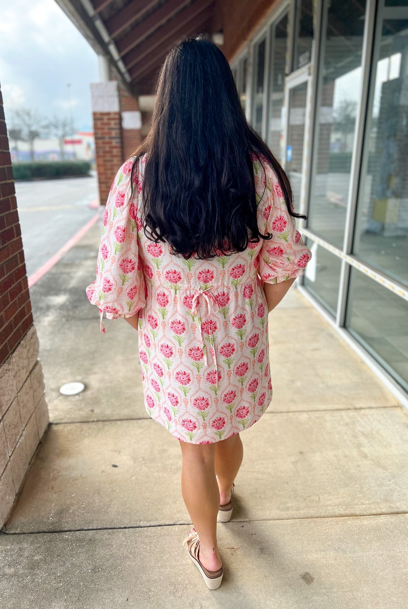 Pink Floral V - Neck Dress with Elbow Length Bubble Sleeves (R) - A'Bekah's Boutique