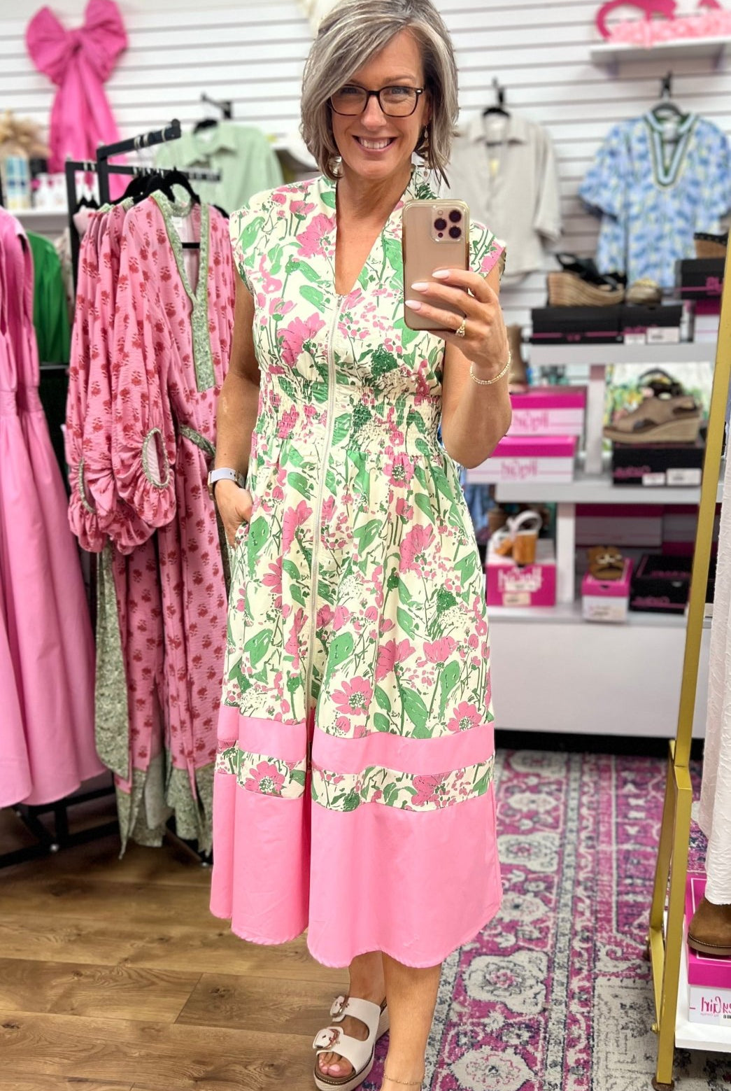 Pink Floral Zip Front Dress - A'Bekah's Boutique