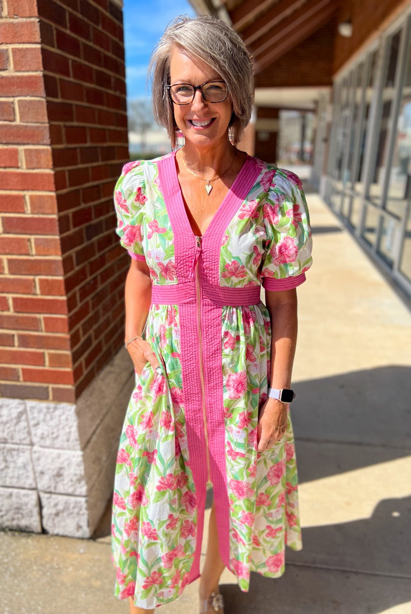 Pink Floral Zip Front Midi Dress with Pockets - A'Bekah's Boutique