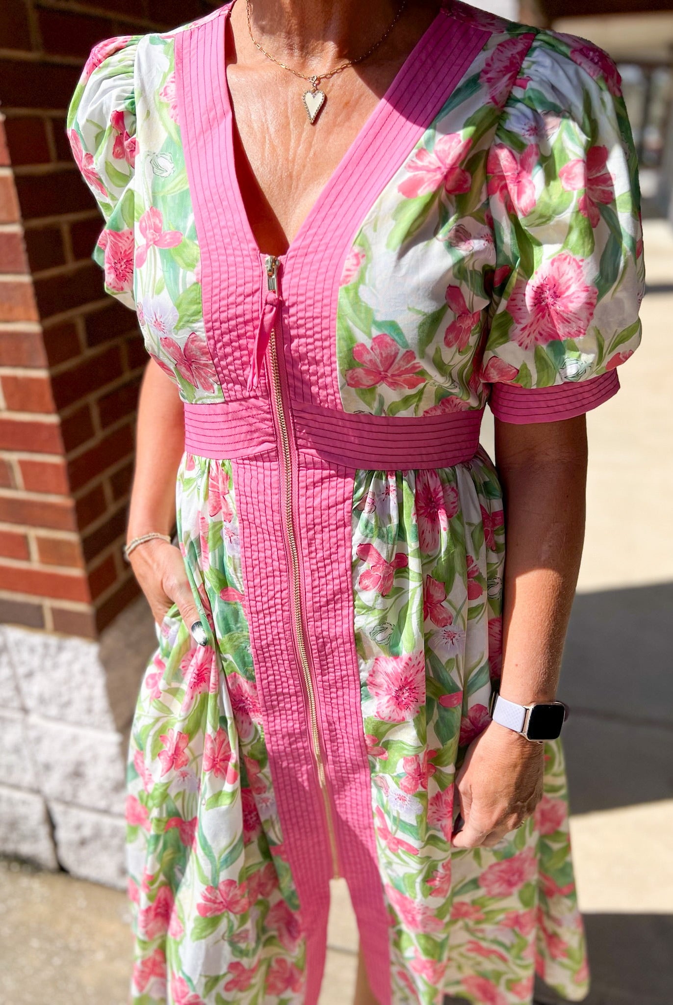 Pink Floral Zip Front Midi Dress with Pockets - A'Bekah's Boutique