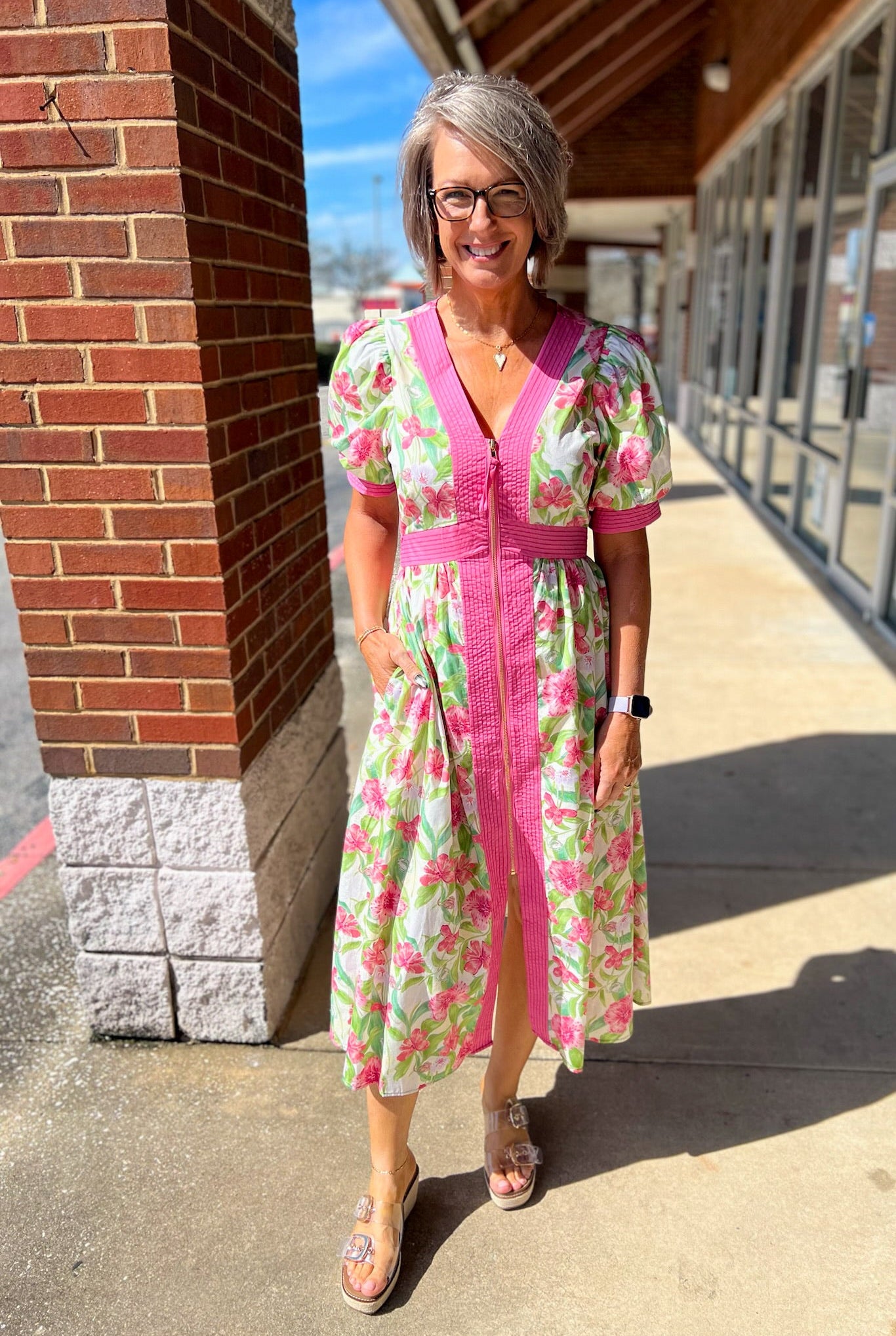 Pink Floral Zip Front Midi Dress with Pockets - A'Bekah's Boutique