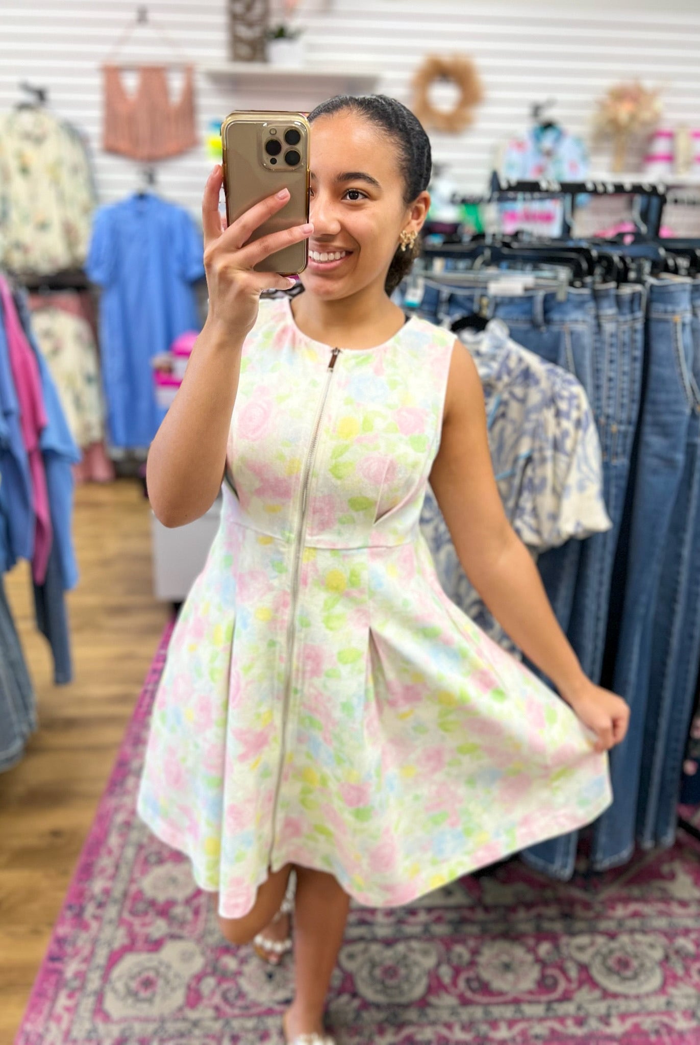 Pink Floral Zip Front Sleeveless Dress with Pockets - A'Bekah's Boutique