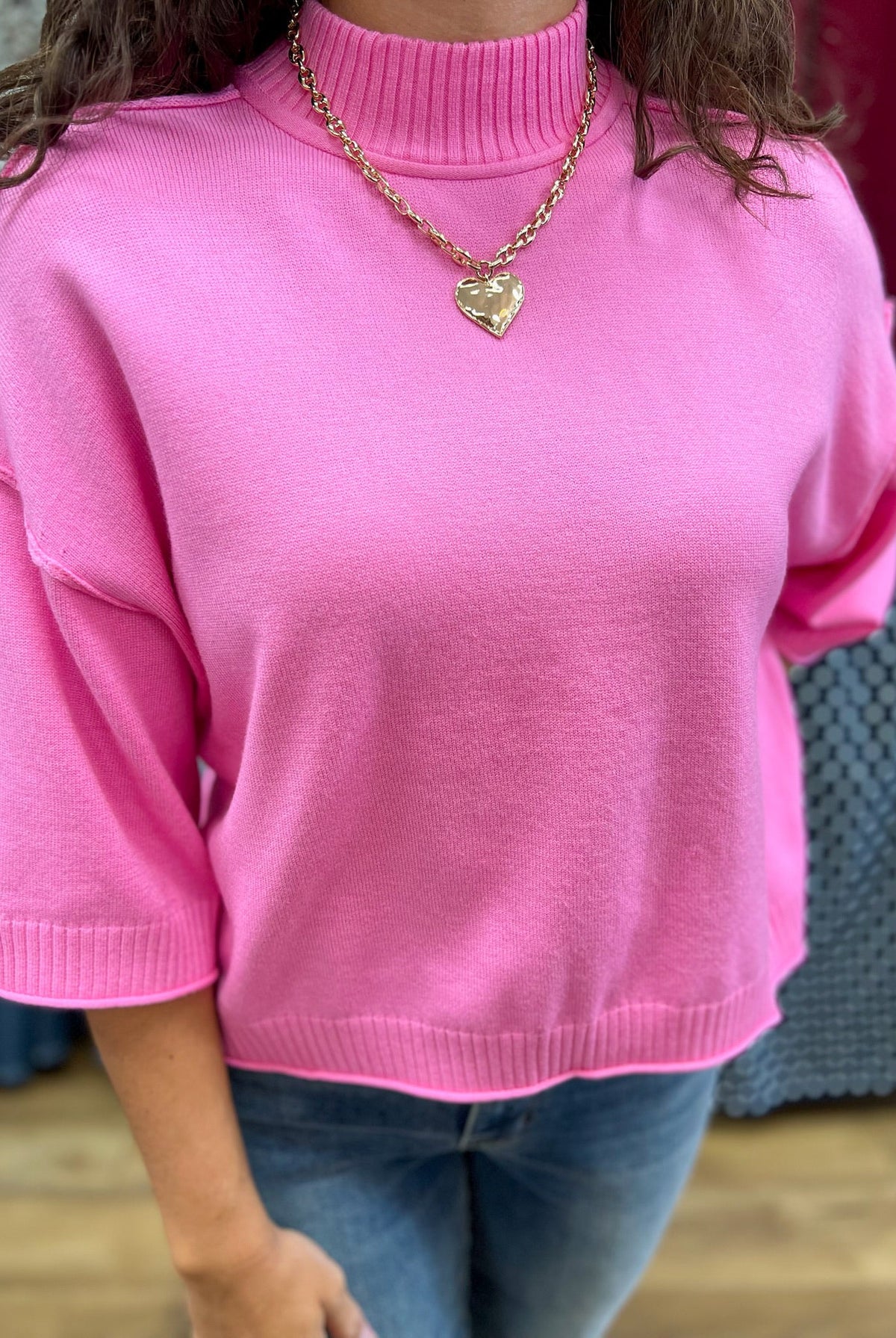 Pink Mock Neck Sweater with 3/4 Sleeves - A'Bekah's Boutique