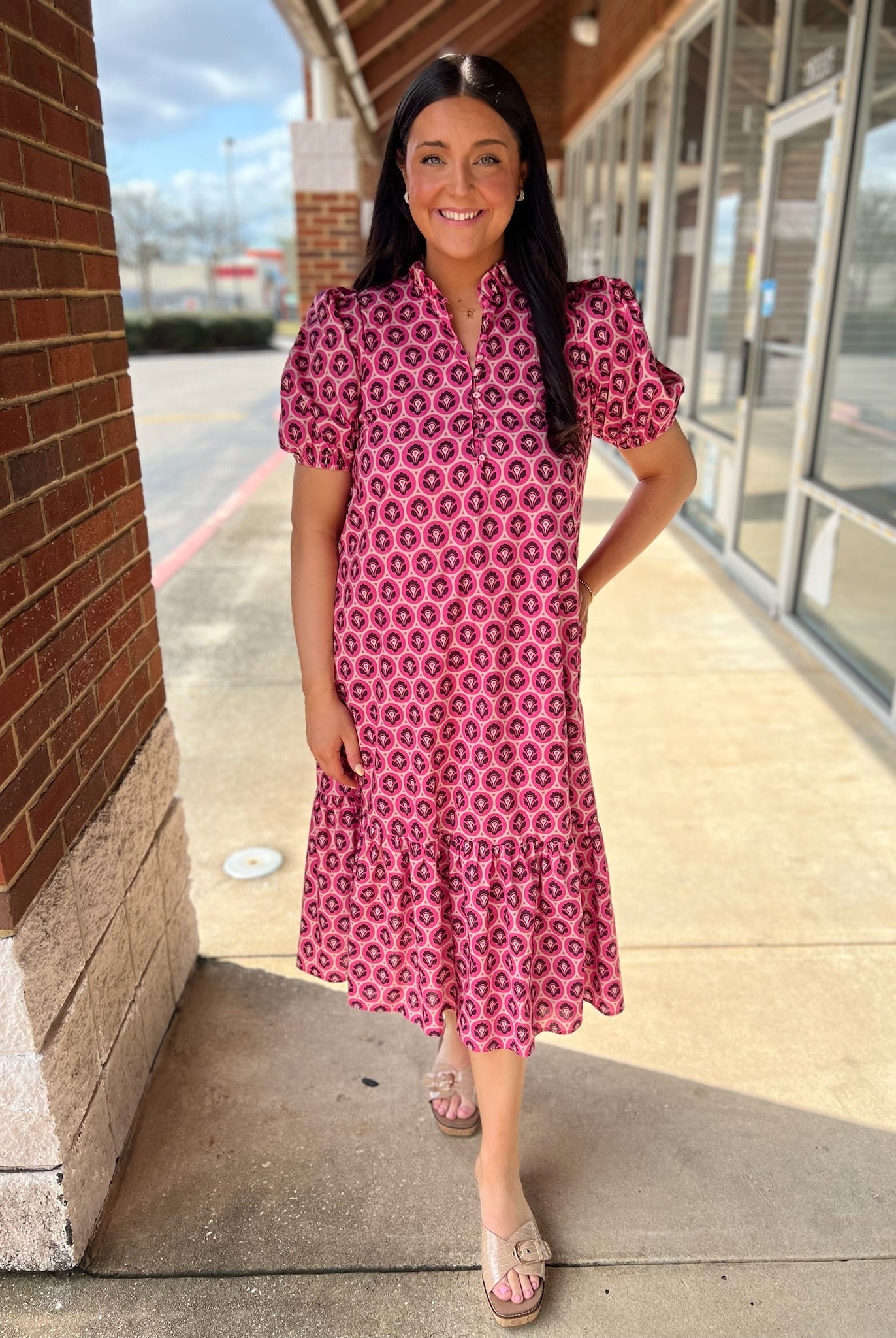 Pink Printed Midi Dress with Short Puff Sleeves - A'Bekah's Boutique