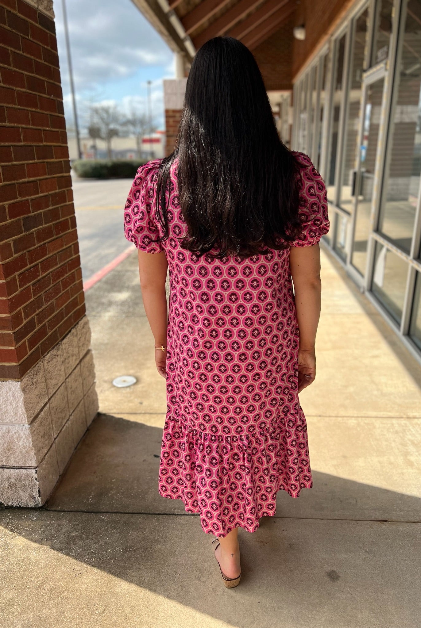 Pink Printed Midi Dress with Short Puff Sleeves - A'Bekah's Boutique
