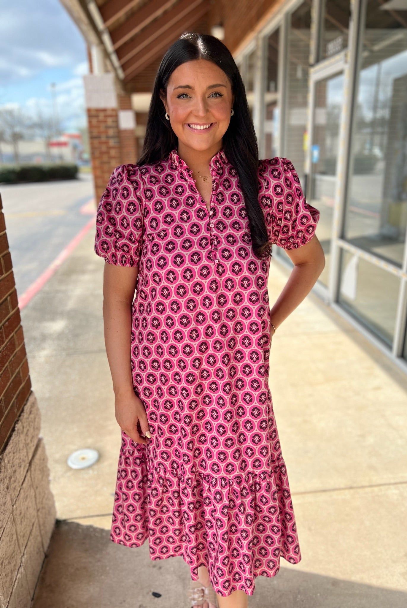 Pink Printed Midi Dress with Short Puff Sleeves - A'Bekah's Boutique