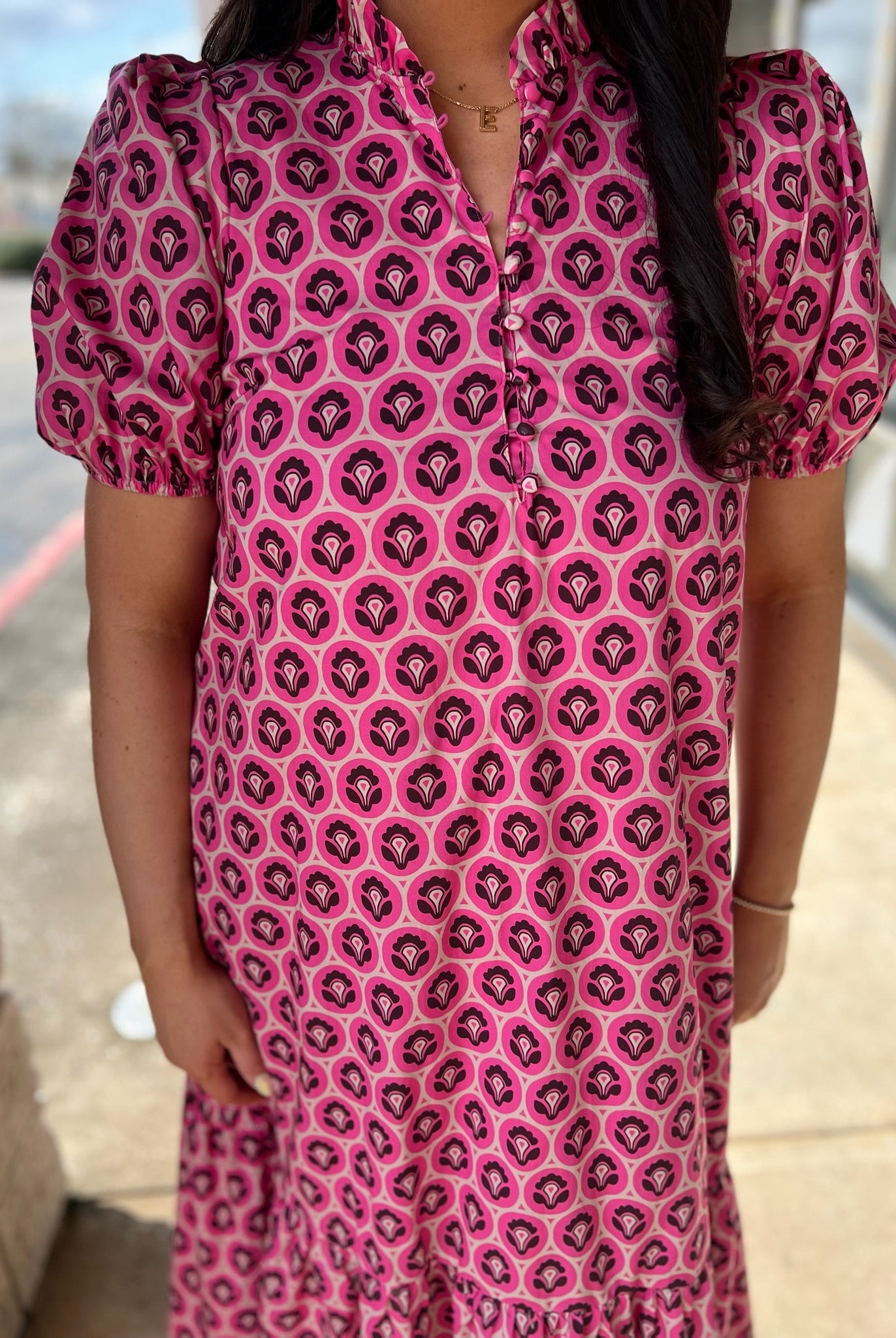 Pink Printed Midi Dress with Short Puff Sleeves - A'Bekah's Boutique