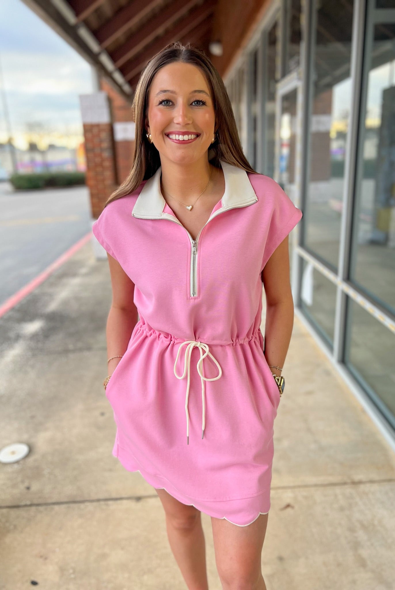 Pink Scuba Short Sleeve Dress with Drawstring Waist - A'Bekah's Boutique