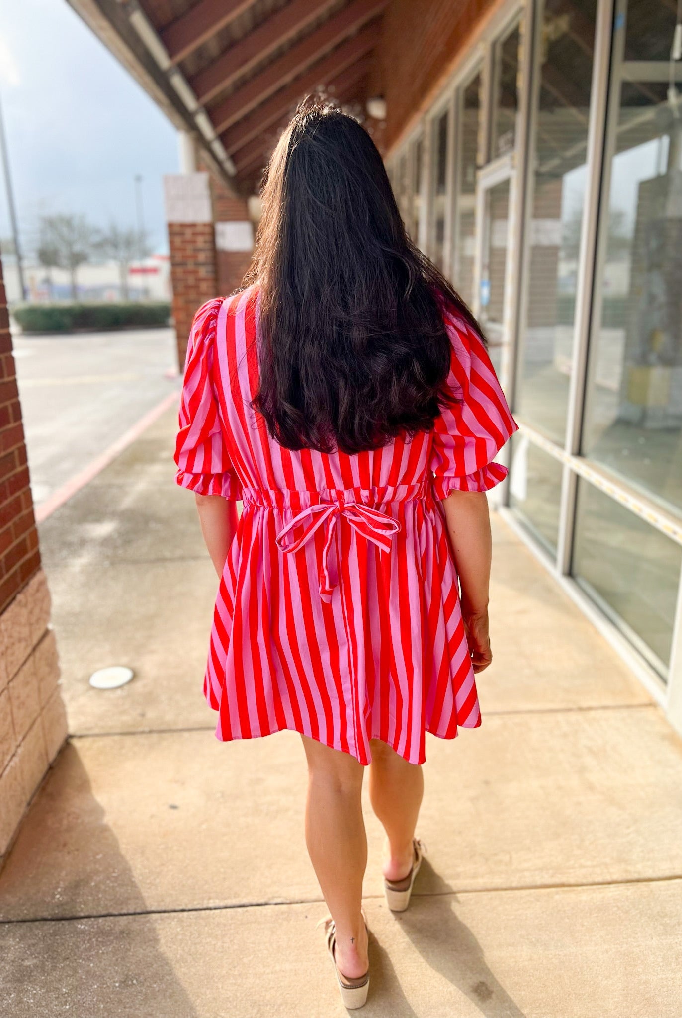 Pink Striped 3/4 Puff Sleeve Dress with Self - Tie in the Back - A'Bekah's Boutique