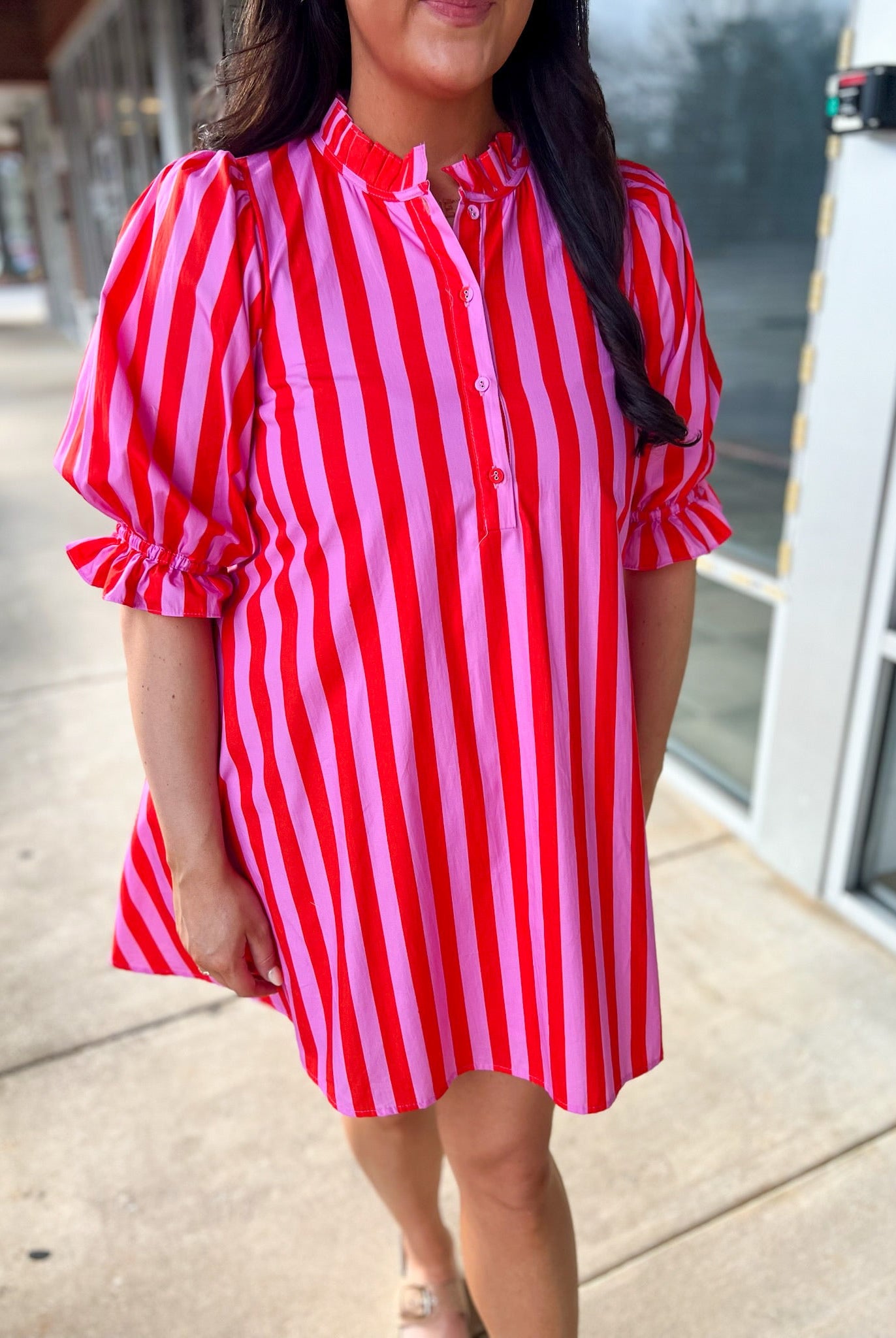 Pink Striped 3/4 Puff Sleeve Dress with Self - Tie in the Back - A'Bekah's Boutique