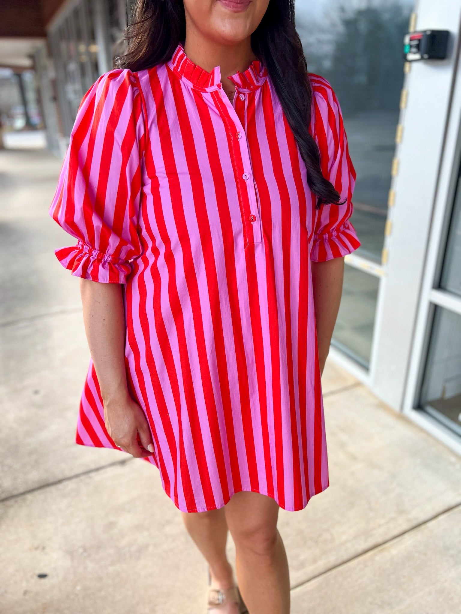 Pink Striped 3/4 Puff Sleeve Dress with Self - Tie in the Back - A'Bekah's Boutique