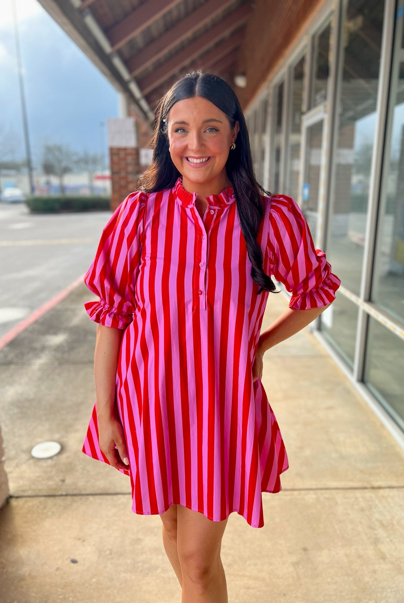 Pink Striped 3/4 Puff Sleeve Dress with Self - Tie in the Back - A'Bekah's Boutique