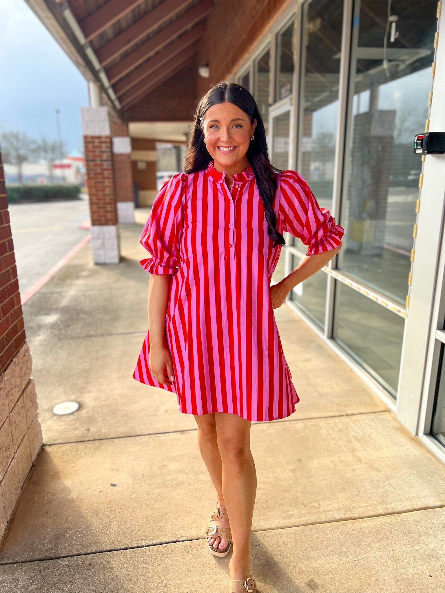 Pink Striped 3/4 Puff Sleeve Dress with Self - Tie in the Back - A'Bekah's Boutique