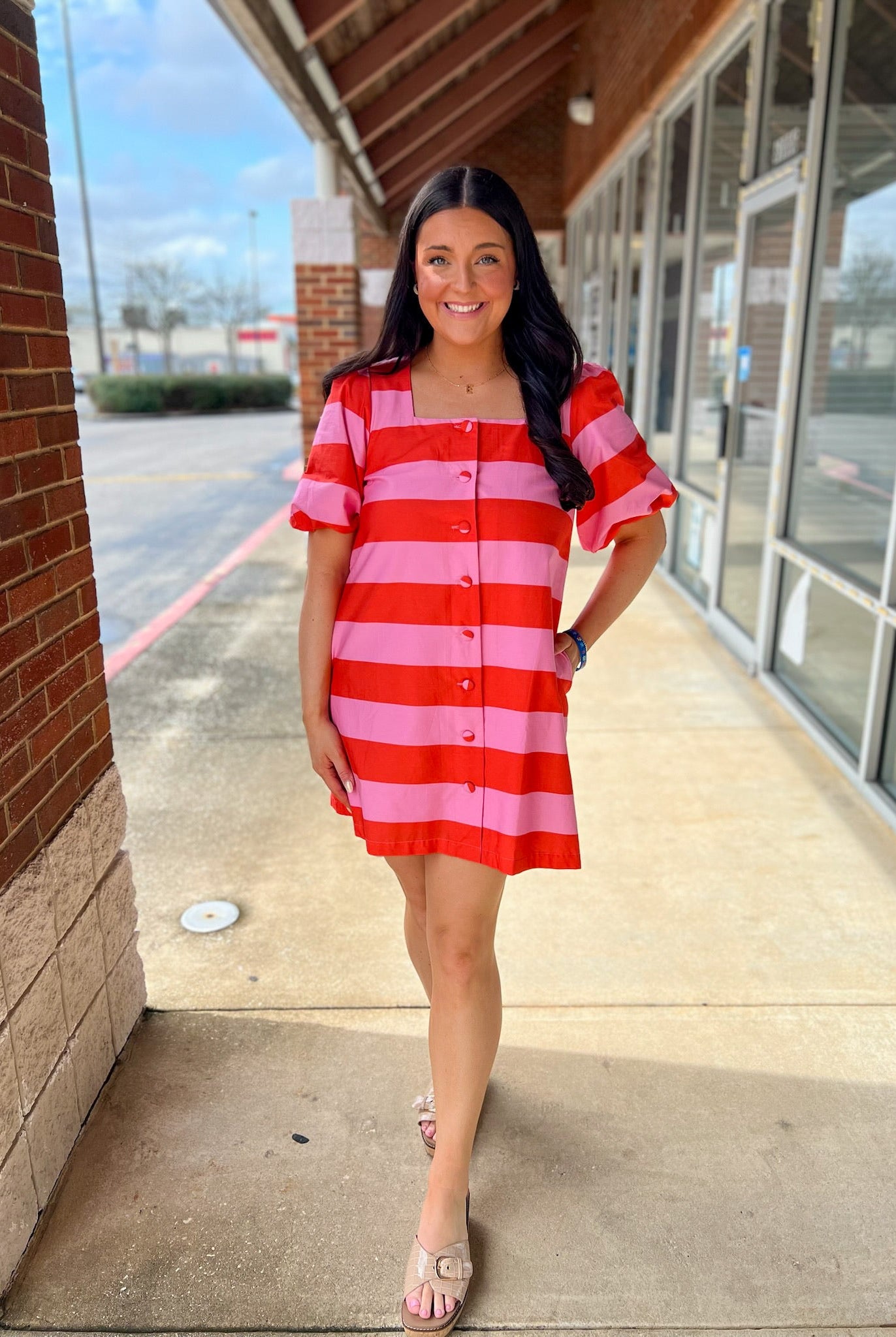 Pink Striped Button Up Short Puff Sleeve Dress with Pockets - A'Bekah's Boutique