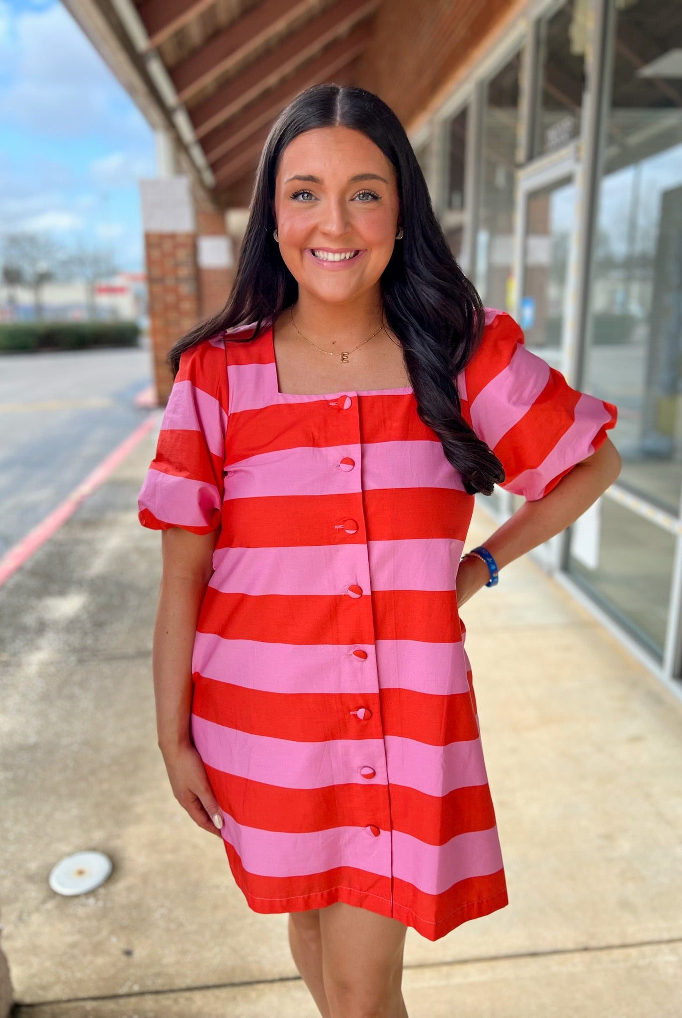 Pink Striped Button Up Short Puff Sleeve Dress with Pockets - A'Bekah's Boutique