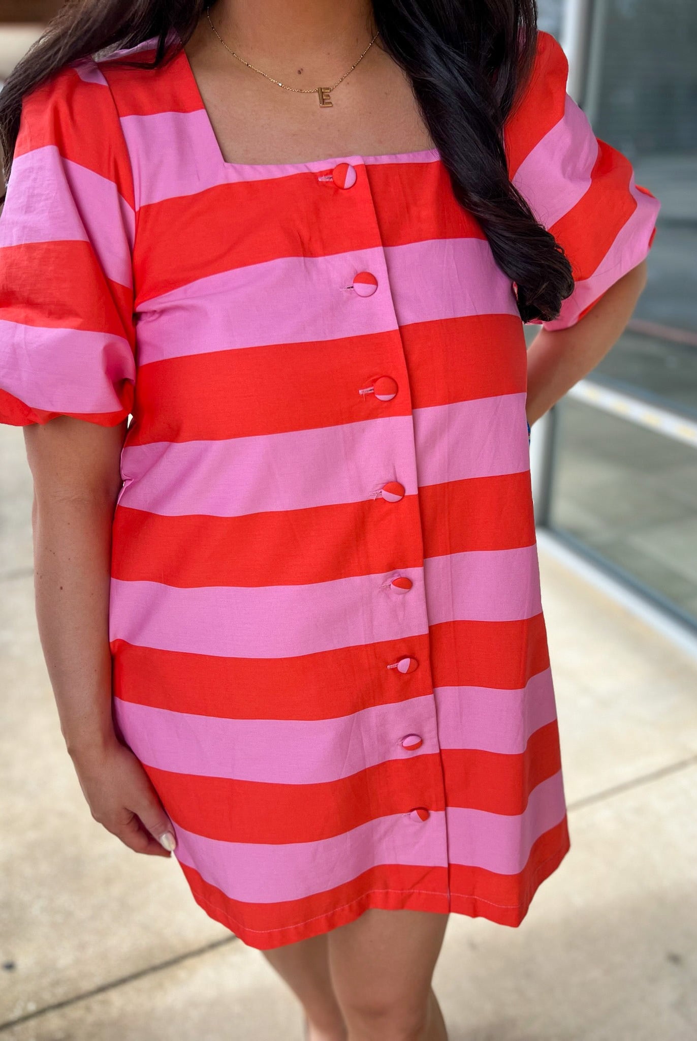 Pink Striped Button Up Short Puff Sleeve Dress with Pockets - A'Bekah's Boutique